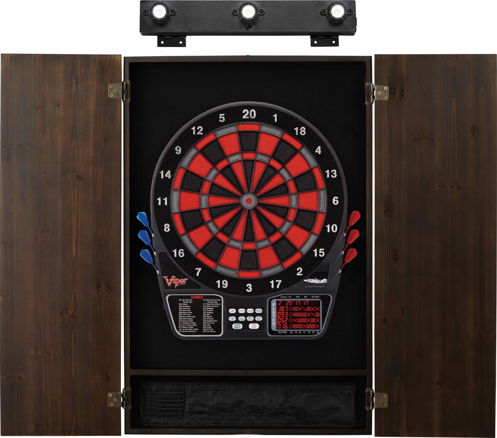 Viper 797 Electronic Dartboard, Metropolitan Espresso Cabinet & Shadow Buster Dartboard Light Bundle