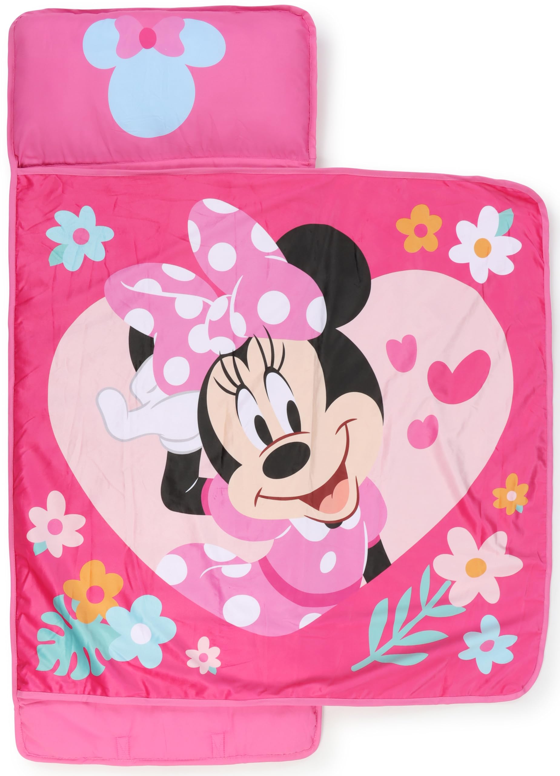 Jay Franco Kids Nap Mat with Embedded Pillow & Blanket - Soft 46x20 Microfiber Sleeping Bag with Name Tag & Handle Pink - Minnie