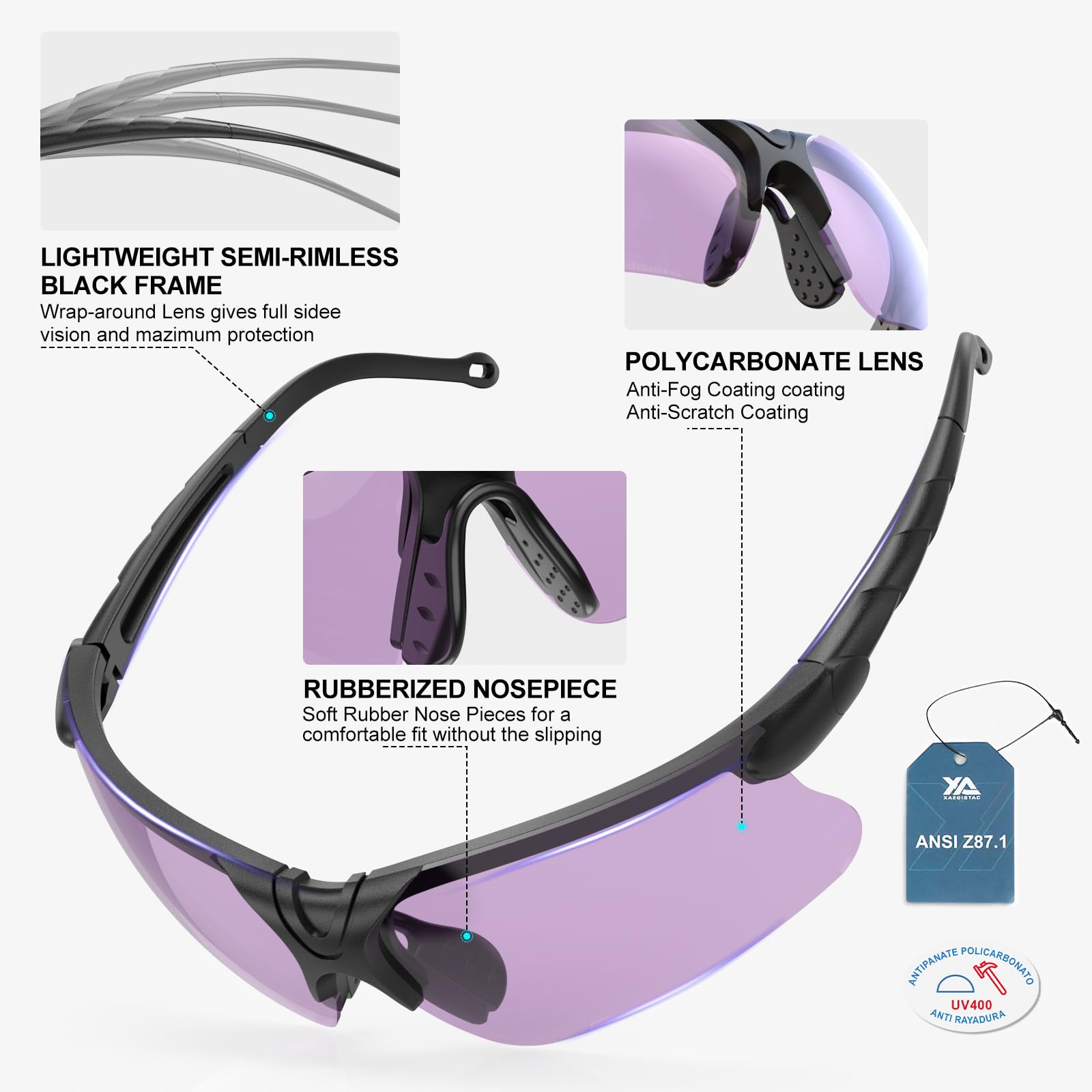 Xaegistac Shooting Glasses With Case Anti Fog Hunting Safety Glasses For Men Women (Purple Lens Black Frame)