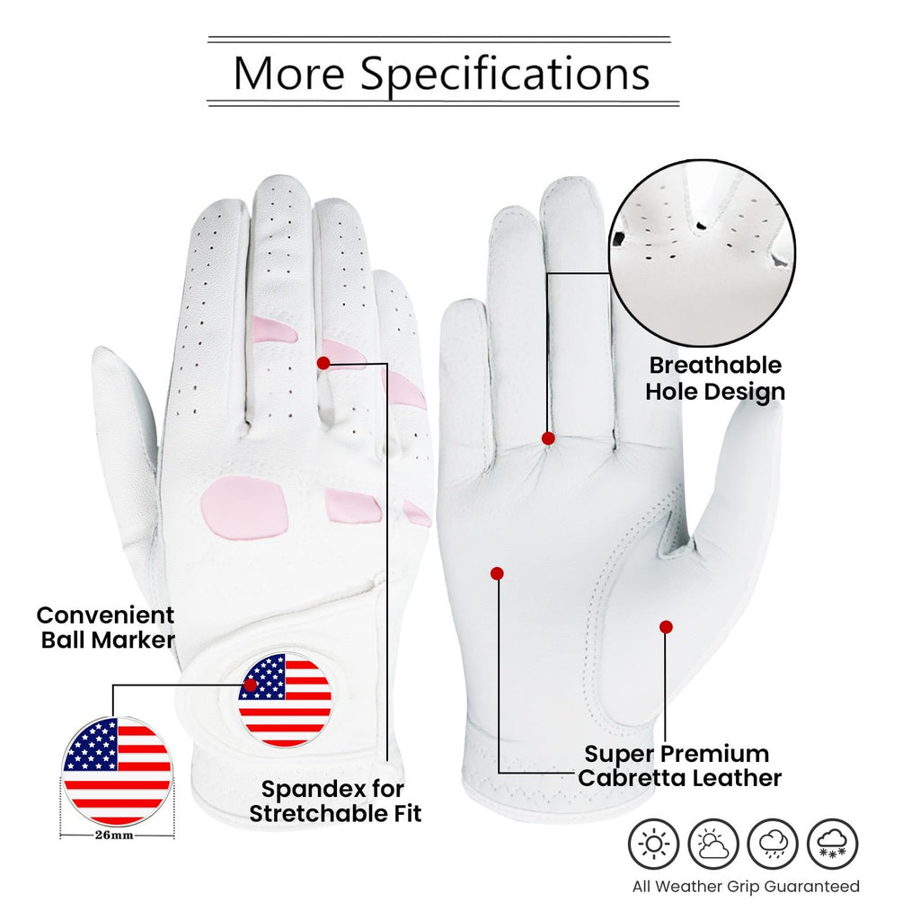 Amy Sport Golf Gloves Women Left Hand With Ball Marker Usa Flag Leather 2 Pack For Right Handed Golfer All Weather Grip Soft Com