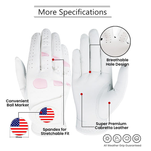 Amy Sport Golf Gloves Women Left Hand With Ball Marker Usa Flag Leather 2 Pack For Right Handed Golfer All Weather Grip Soft Com