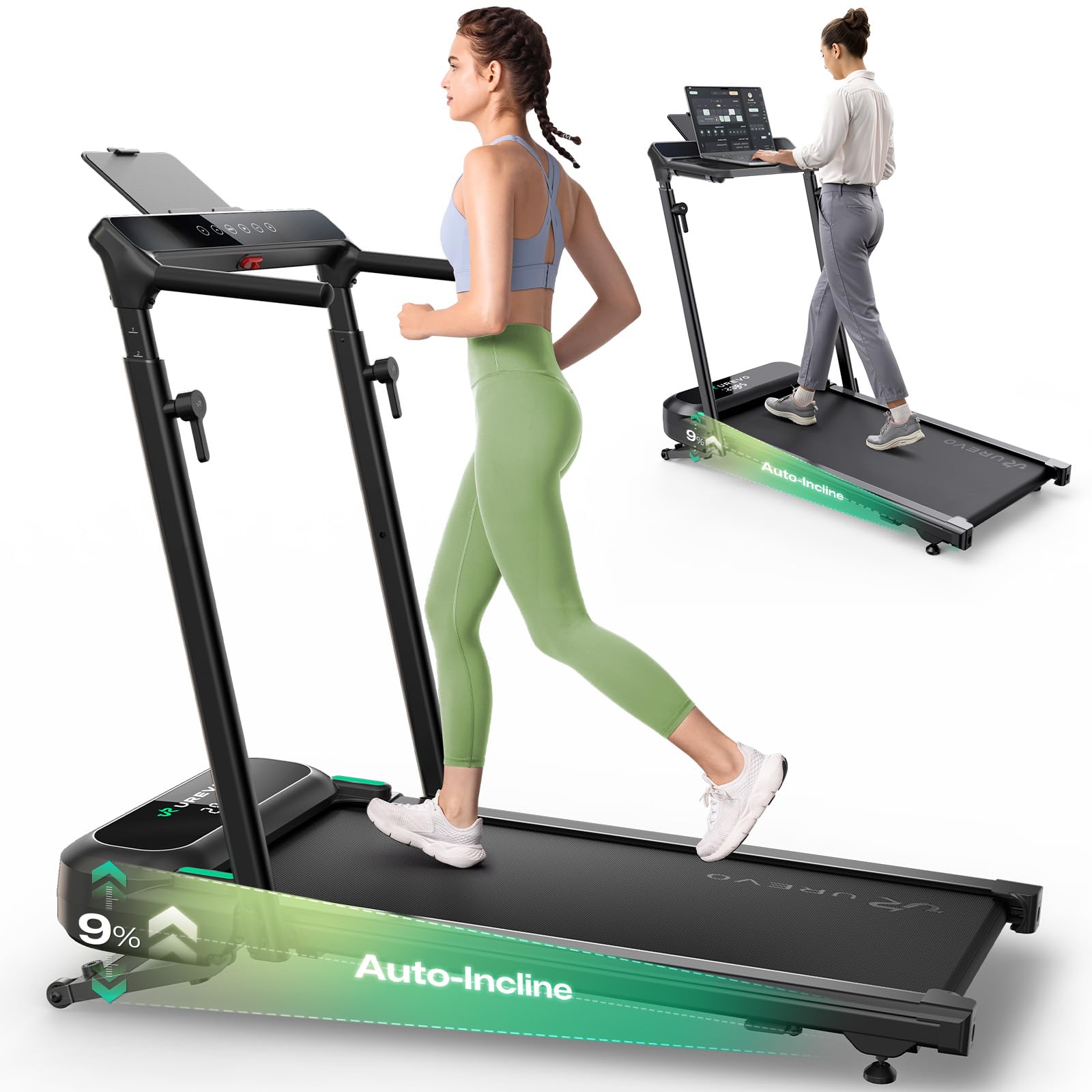 UREVO Foldimix 5L Treadmill with Multifunctional Desk, 9% Auto Incline Walking Pad for Home Office, Quiet 3.0HP Dual, 14-Point S