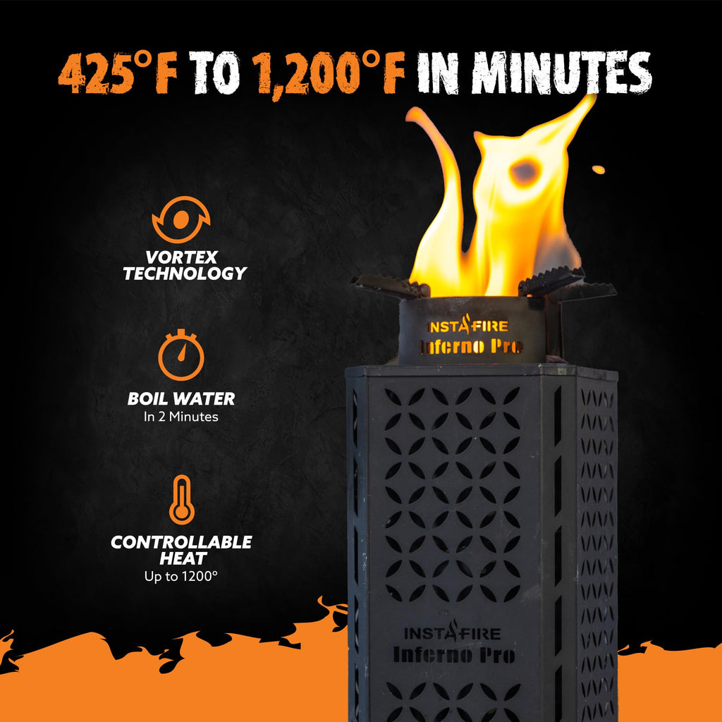 Inferno Pro Stove Outdoor/Indoor (Use Biomass, Fire Starter, Canned Heat) - Compact, Camping, Off-Grid, Emergency - By Instafire