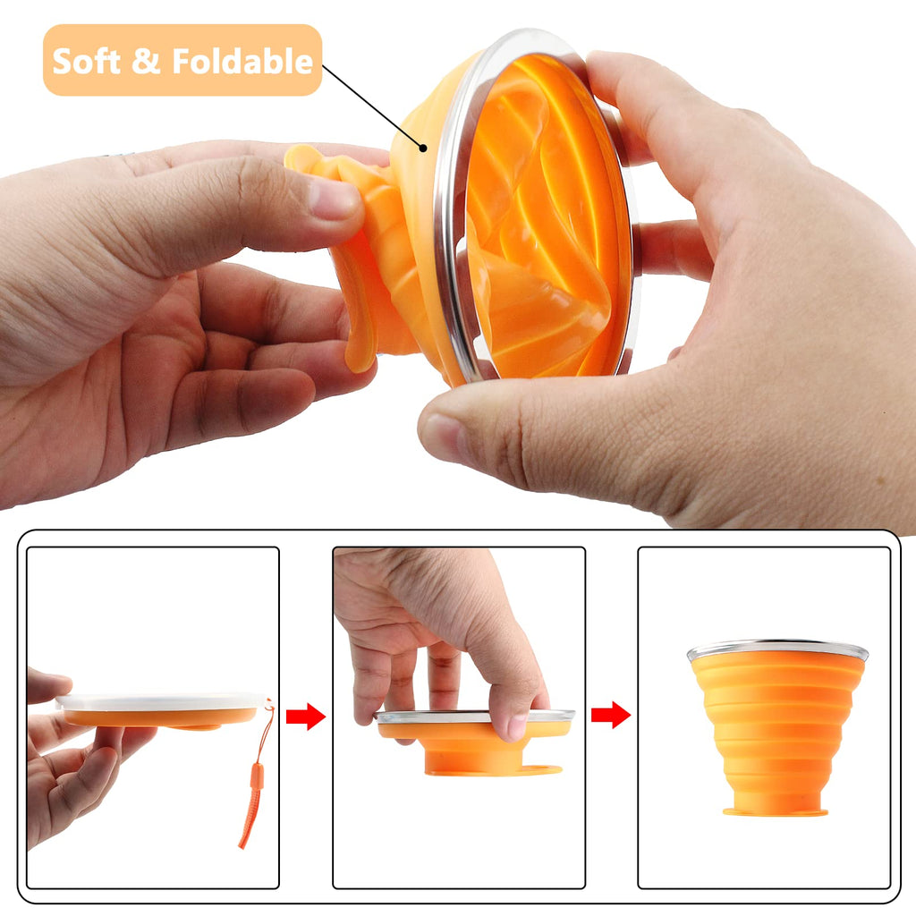 Litoexpe 2 Pack Silicone Collapsible Travel Cup Portable Folding Camping Cup Sets With Lids, Pink & Orange