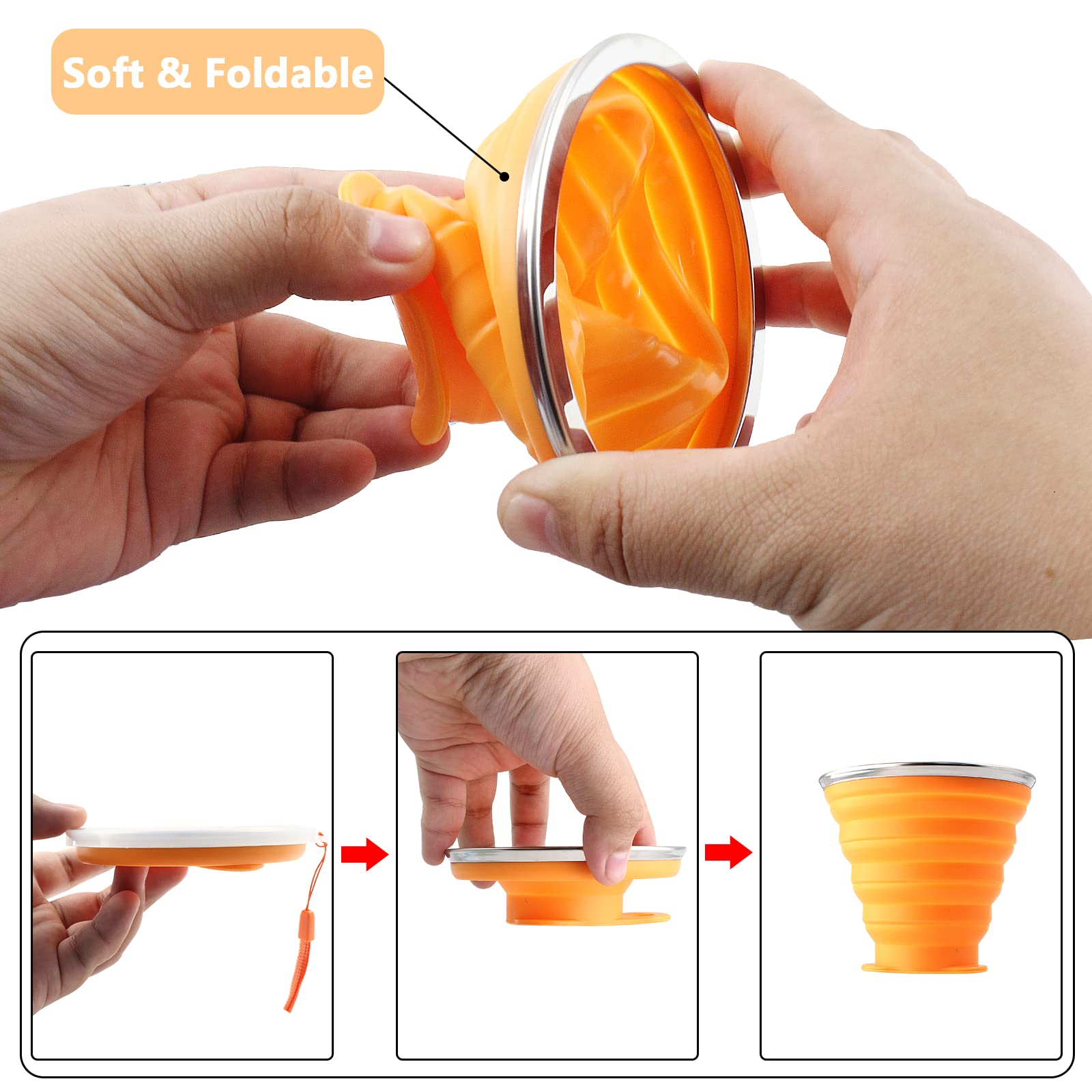 Litoexpe 2 Pack Silicone Collapsible Travel Cup Portable Folding Camping Cup Sets With Lids, Pink & Orange