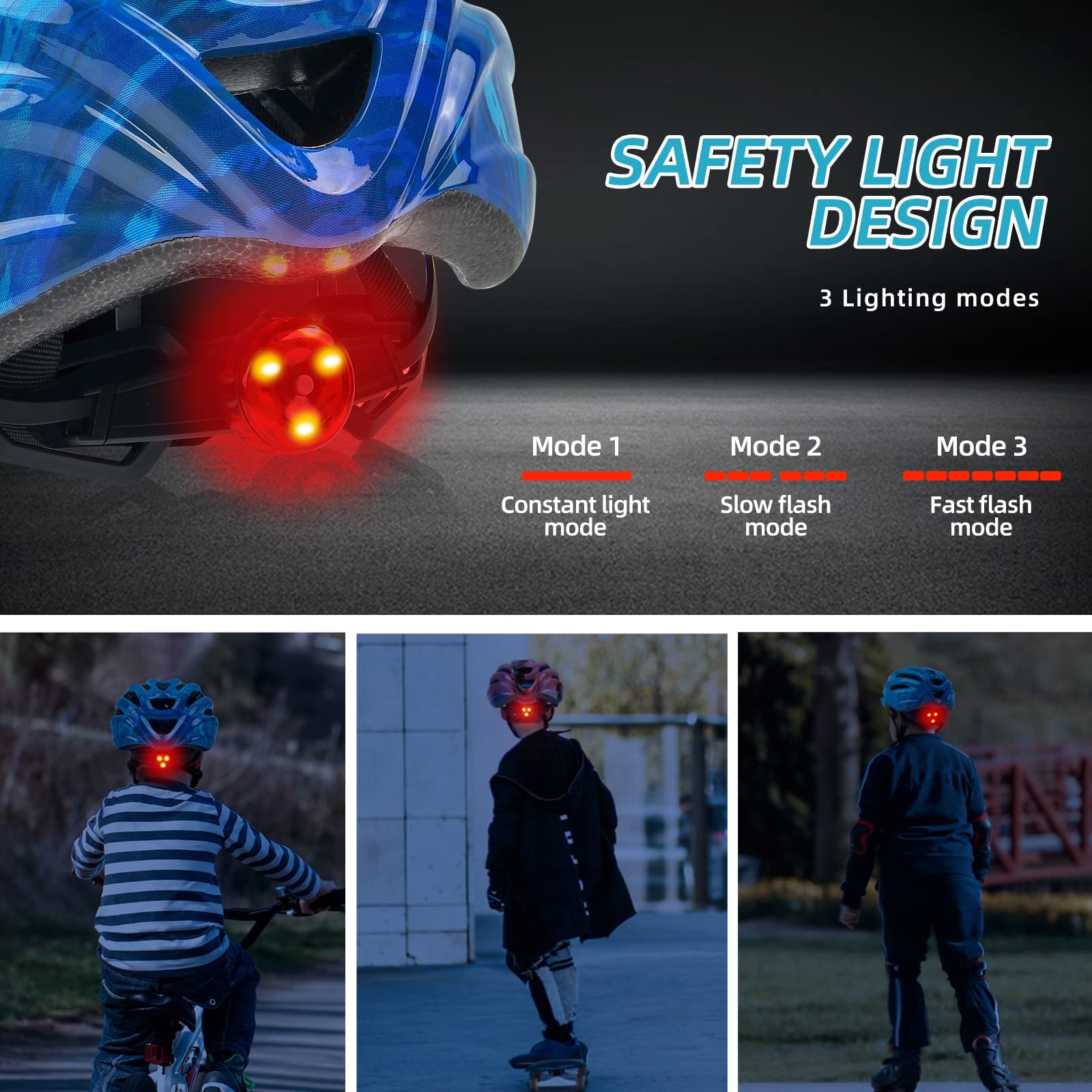 Exclusky Kids Bike Helmet with LED Light - Adjustable Multi-Sport Youth Helmet for Boys & Girls, Ages 5-12, Fits 50-57cm, Cyclin