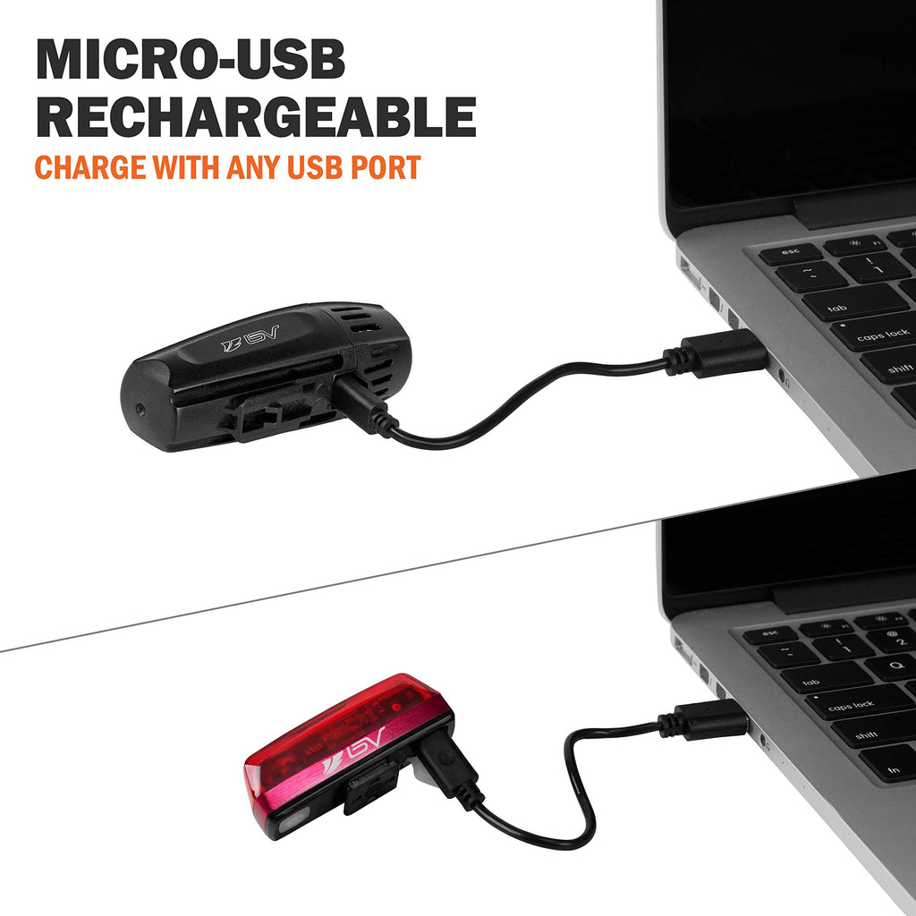 Bv Super Bright Bike Light Set Usb Rechargeable - Headlight & Taillight, Waterproof Ip44 , 3 Light Modes Including Flash Mode Fo