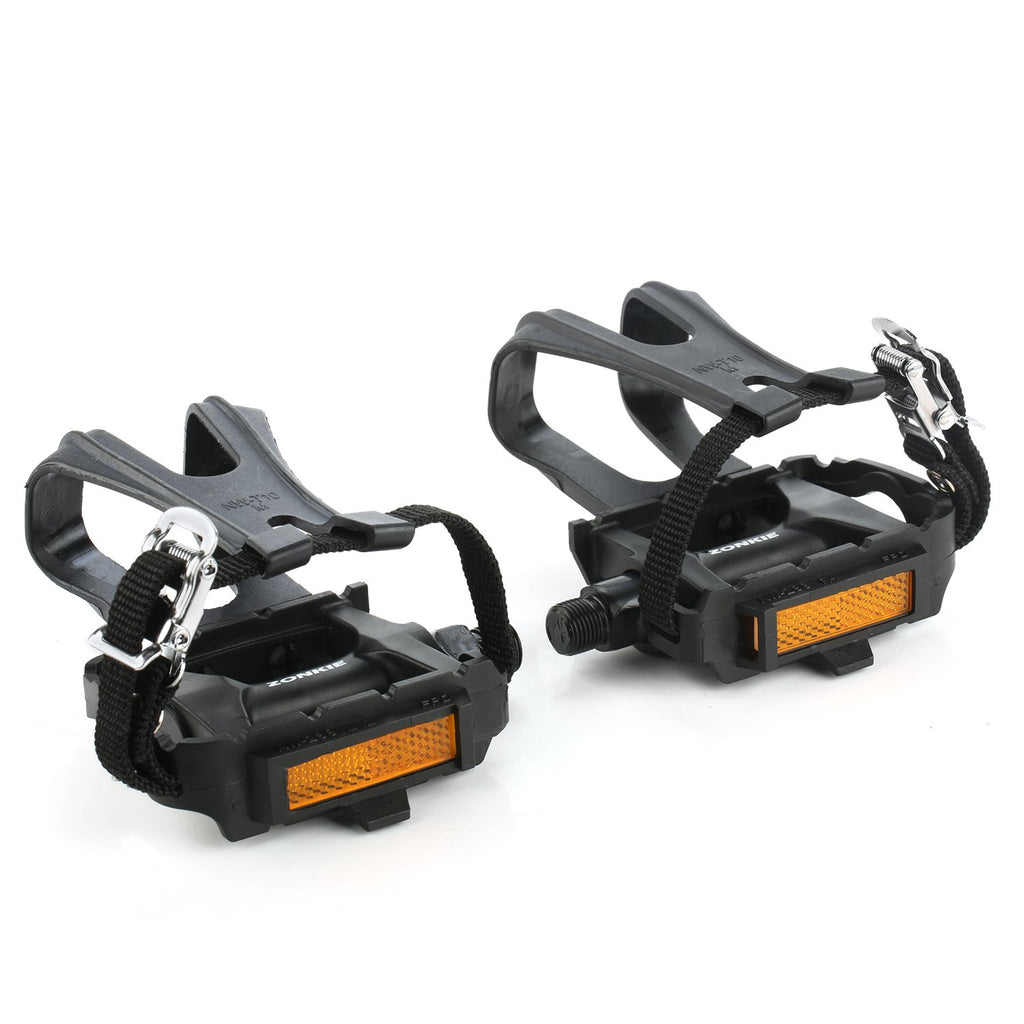 Zonkie Bike Pedals With Toe Clip And Strap, Plastic Bike Pedals For Mtb And Road Bike, 9/16 Inch