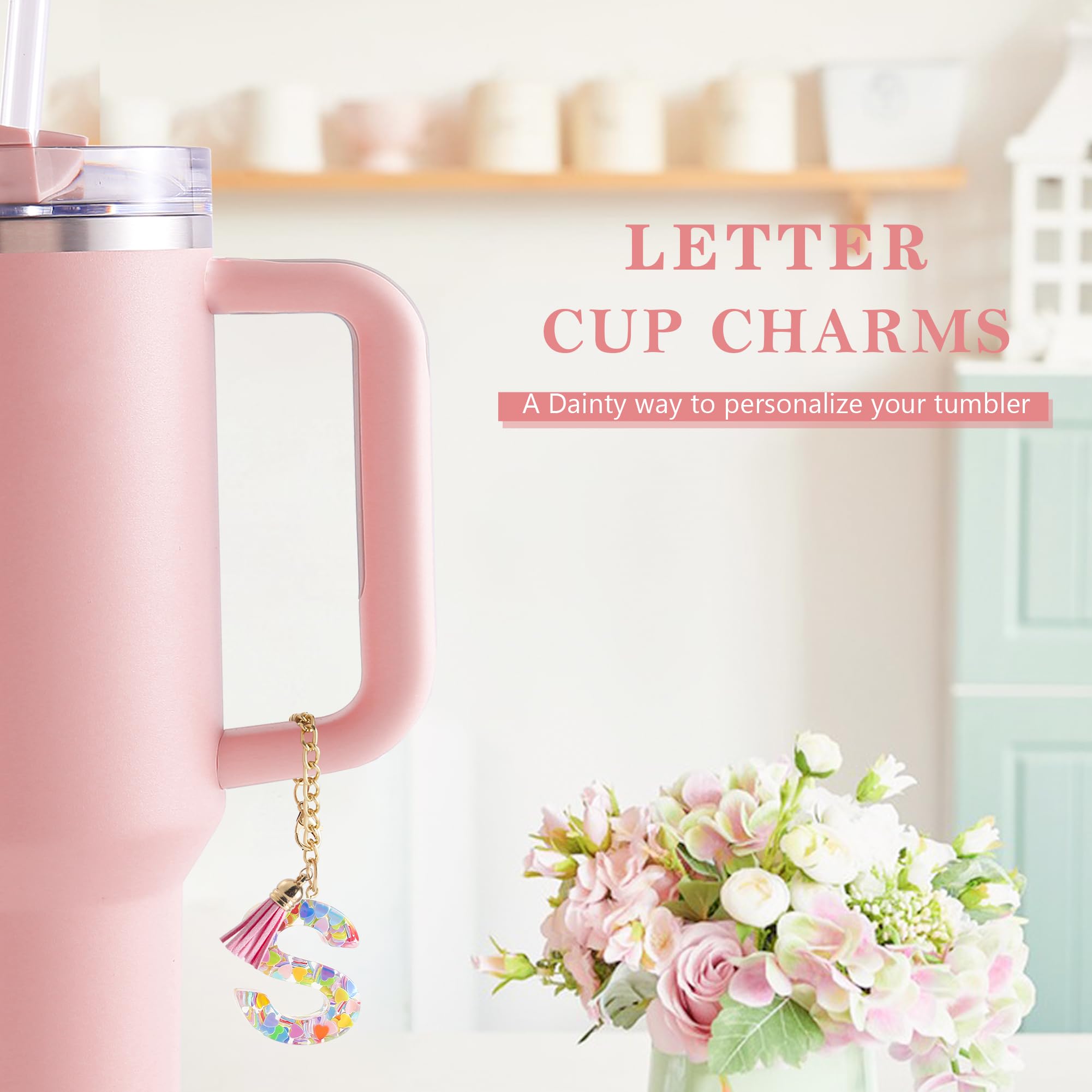 Letter Charm Accessories for Stanley Cup 1 PCS Cute Initial Keychain Handle Charm for Stanley Tumbler for Women Pink Letter S