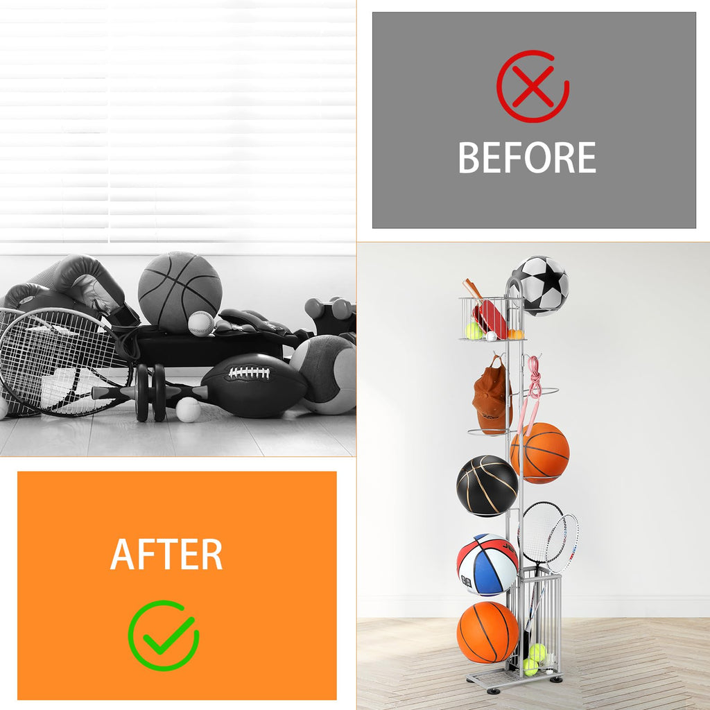 Garage Ball Storage Sports Equipment Organizer 7 Tier Basketball Rack Display Stand With Baskets And Hooks Freestanding Indoor &