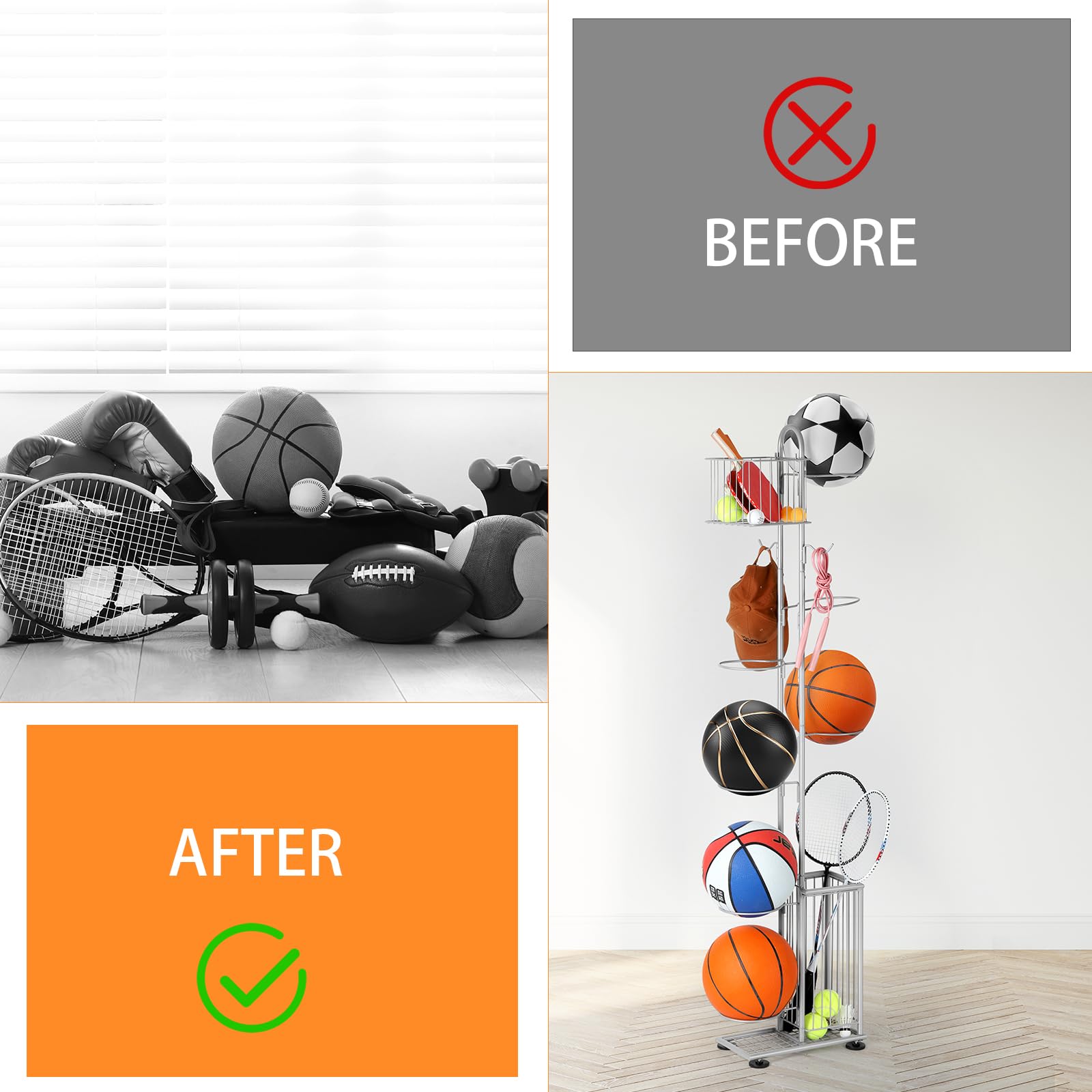 Garage Ball Storage Sports Equipment Organizer 7 Tier Basketball Rack Display Stand With Baskets And Hooks Freestanding Indoor &