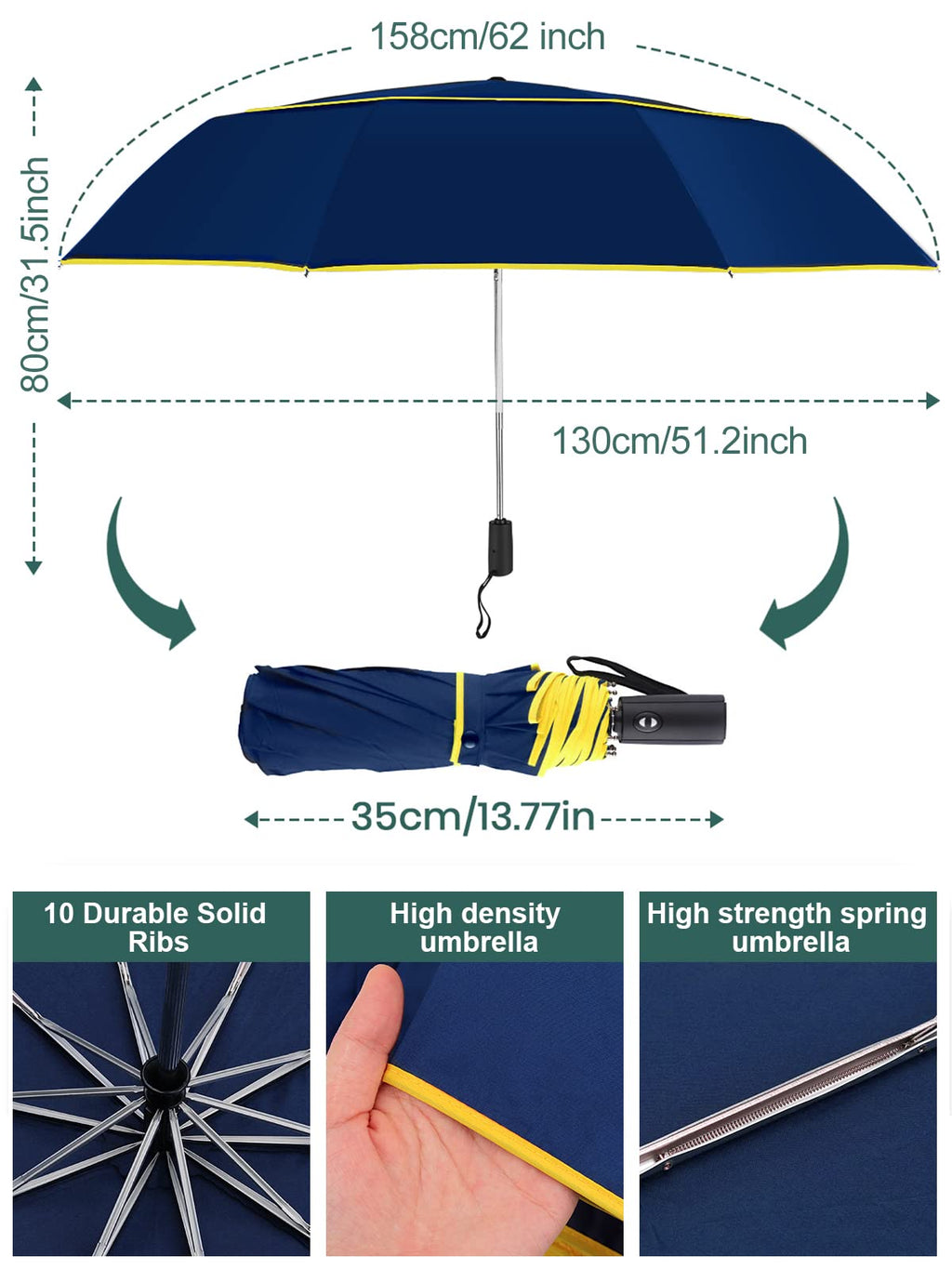 Kalolary 62 Inch Automatic Golf Umbrella Extra Large Folding Umbrella Windproof Compact Umbrella Double Canopy Umbrella Travel F