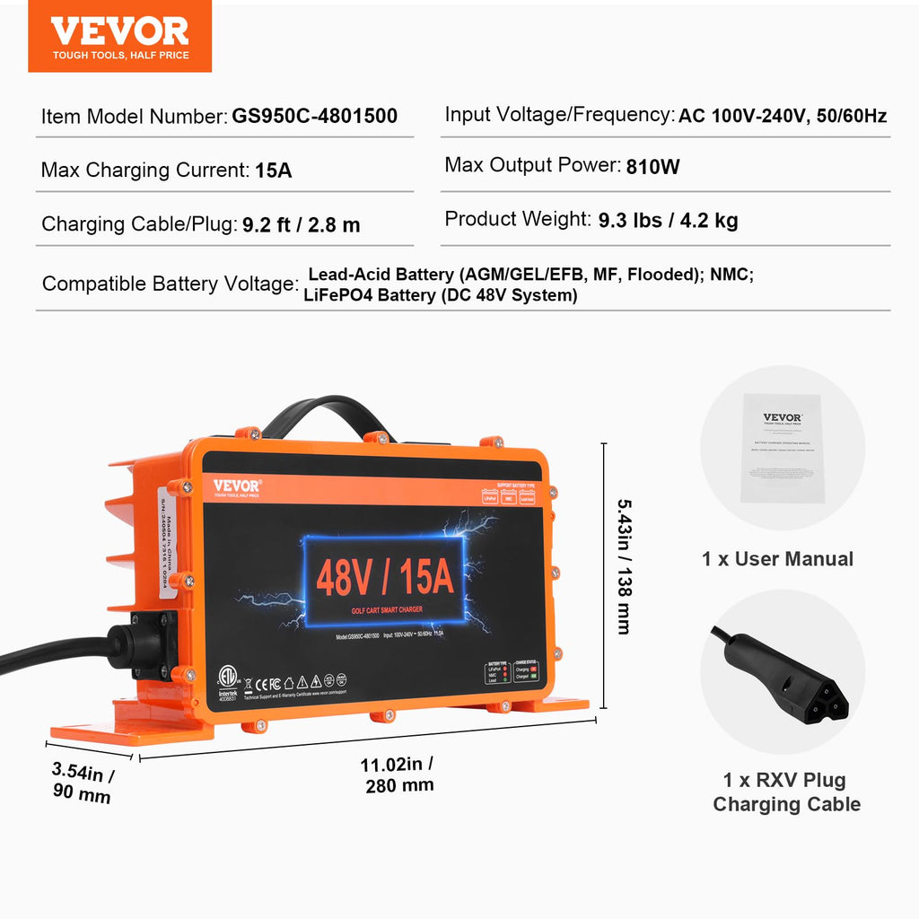 Vevor 48 Volt Golf Cart Battery Charger, 15 Amp, Smart Battery Charger With Rxv Plug, Compatible With Lead-Acid Agm/Gel/Efb Mf F