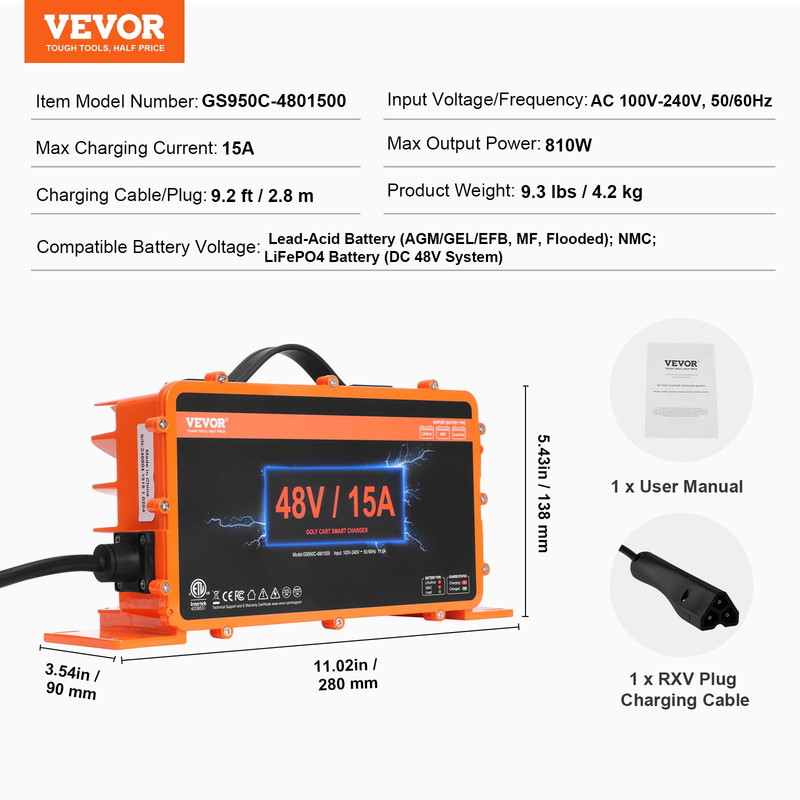 Vevor 48 Volt Golf Cart Battery Charger, 15 Amp, Smart Battery Charger With Rxv Plug, Compatible With Lead-Acid Agm/Gel/Efb Mf F