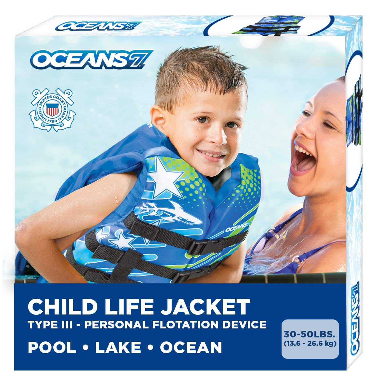 Oceans7 US Coast Guard-Approved, Type III - Kids Life Jacket - Personal Flotation Device with Comfortable Flex-Form-Fit Open-Sid