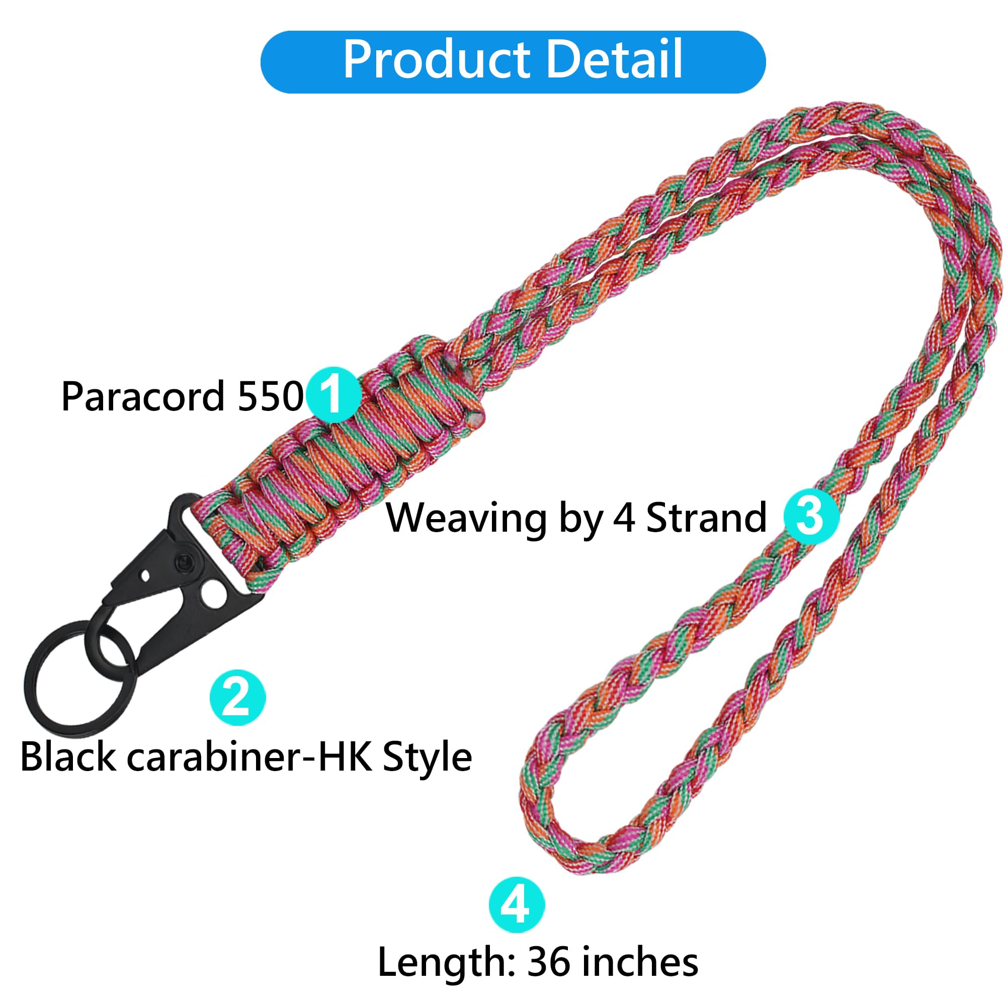 Laredtree Heavy Duty Paracord Lanyard Keychain, Paracord Necklace Cell Phone Keychain Whistles Wrist Braided Strap (Rainbow)