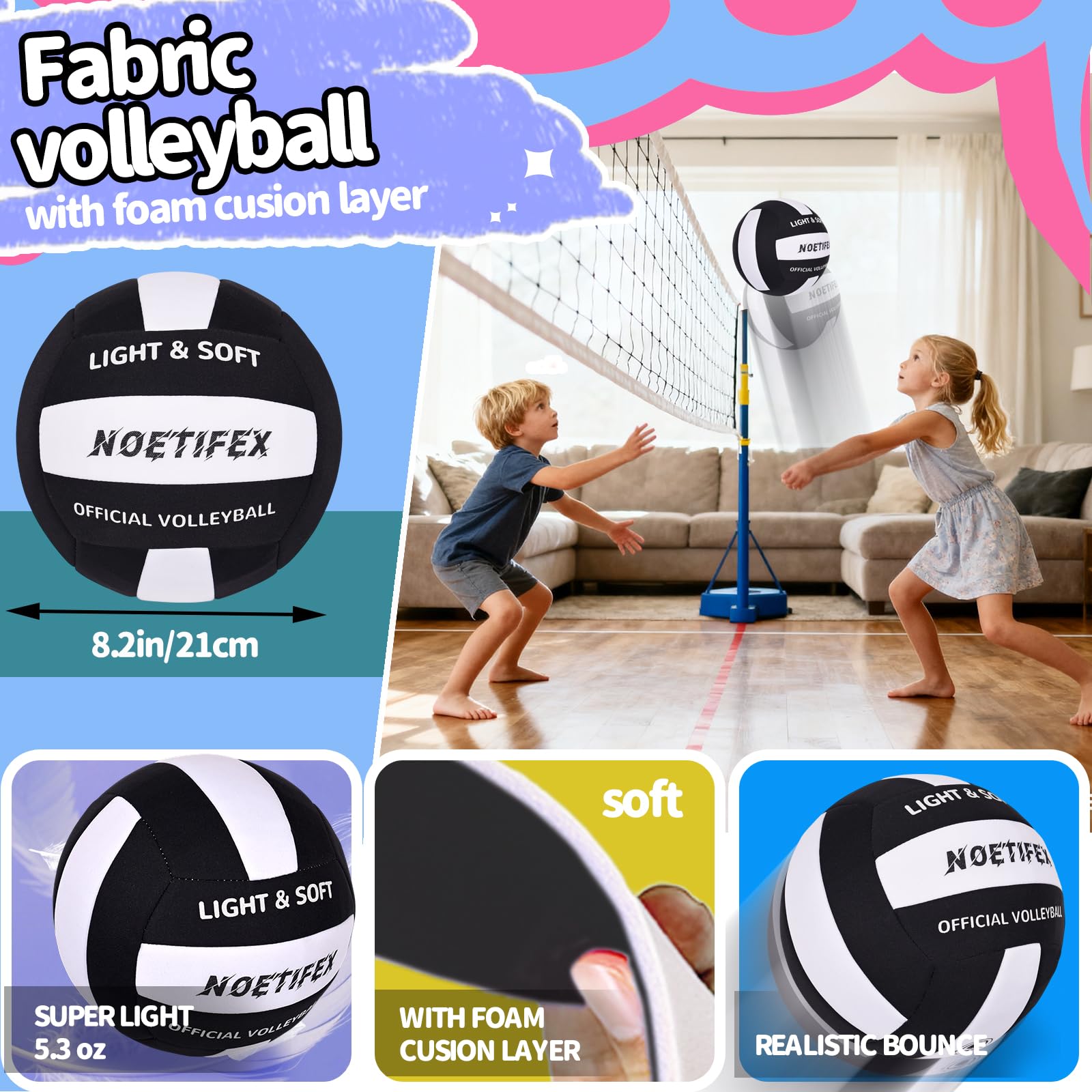 Noetifex Soft Volleyball-Super Soft Fabric Light Volleyball for Indoor Practice Safe and Quiet Kids Youth Beginners House Yard T