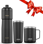 Clean Hydration Gift Set | Square Water Bottle 25 Oz | Insulated Bike Water Bottle 23 Oz | Double Wall Ceramic Tumbler 20 Oz | Black