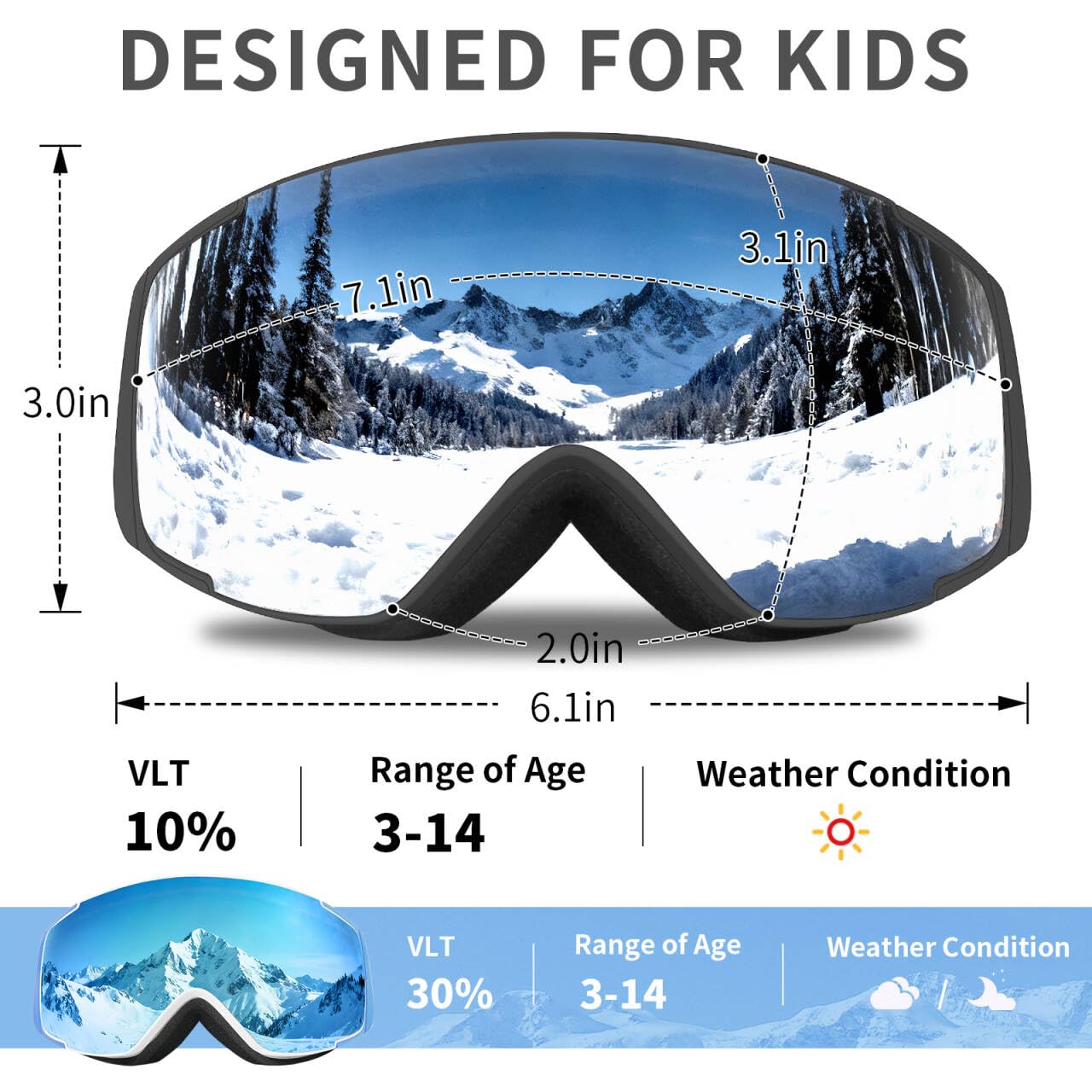Freela 2 Pack Kids Blue&Black Skiing Snowboarding Snowmobile Winter Snow Goggles for Toddler Boy Girl Youth 4-6 10-12 8-12 6-14,