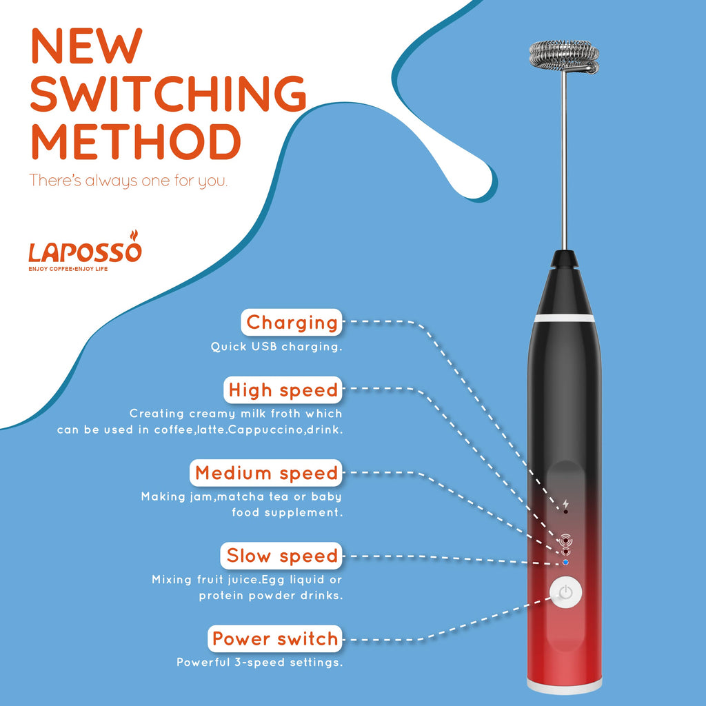 Laposso Milk Frother Rechargeable Handheld Electric Whisk Coffee Frother Mixer With 3 Stainless Whisks 3 Speed Adjustable Foam M