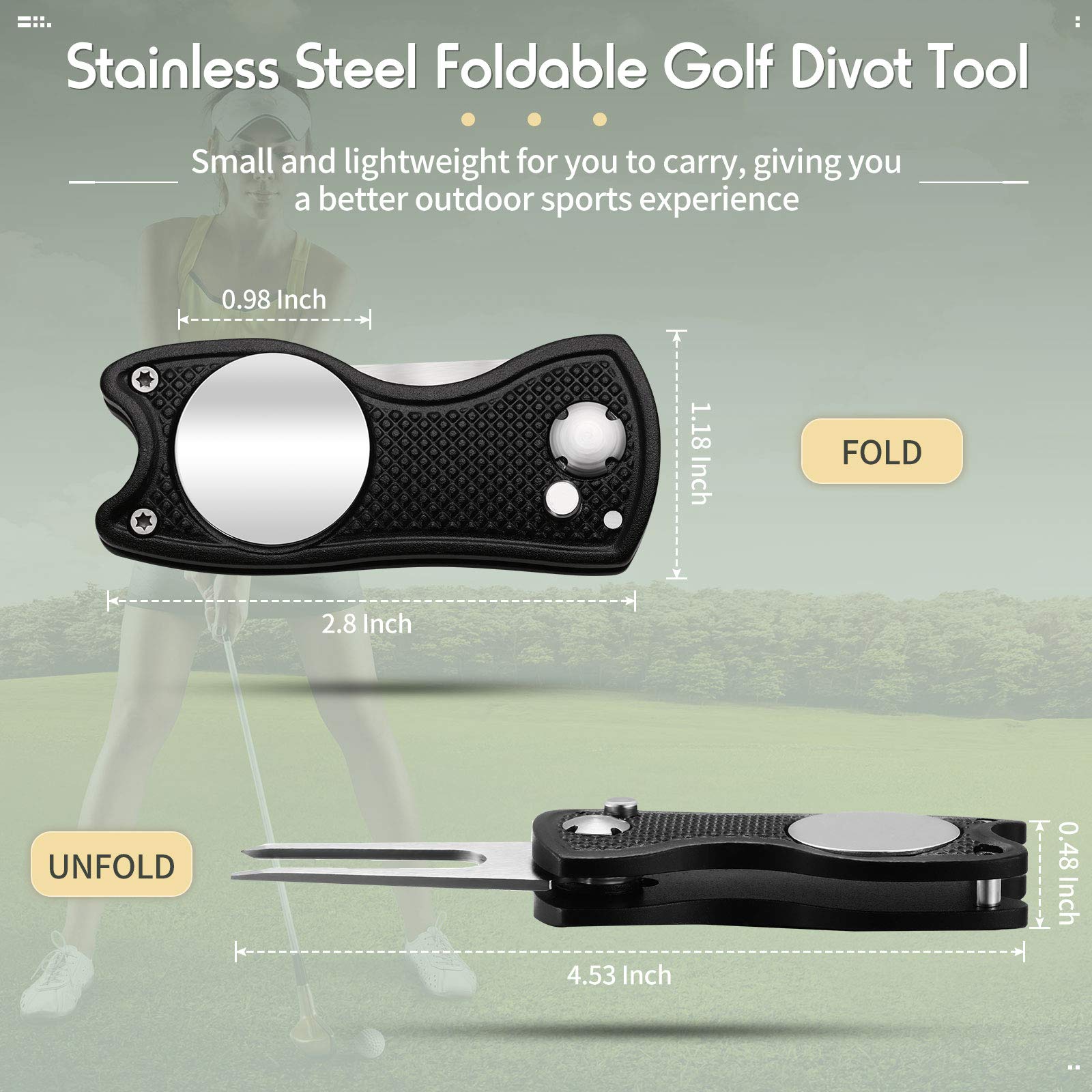 4 Pieces Golf Repair Tool Stainless Steel Foldable Golf Divot Tool Magnetic Golf Button Tool Golf Ball Marker (Red, Silver, Gray