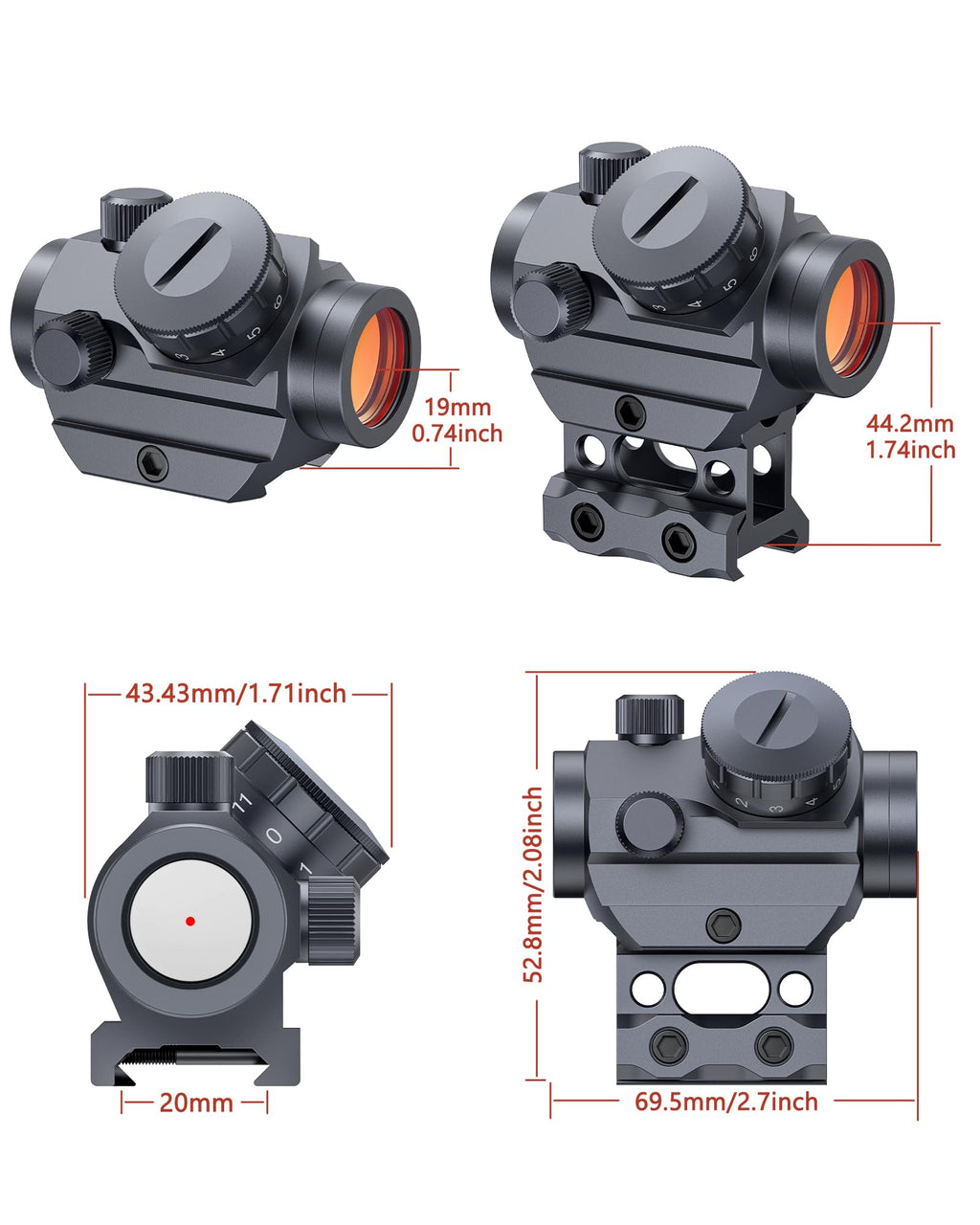 MidTen 2MOA Red Dot Sight, 1x25mm Reflex Sight Waterproof & Shockproof & Fog-Proof Red Dot Scope with 1 inch Riser Mount, Grey