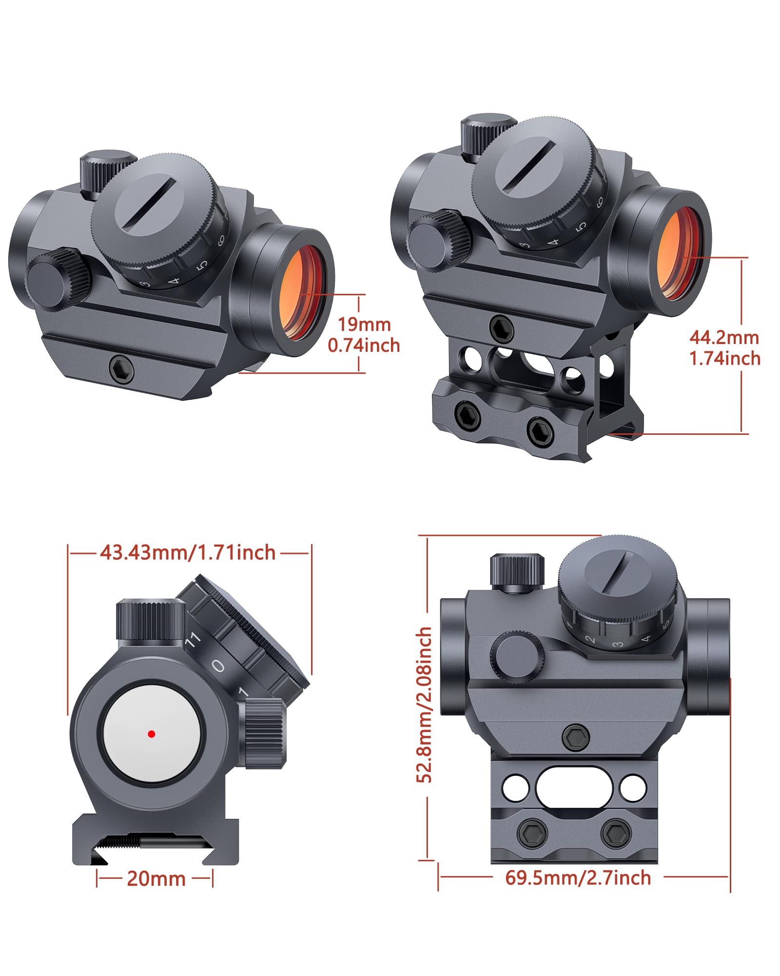 MidTen 2MOA Red Dot Sight, 1x25mm Reflex Sight Waterproof & Shockproof & Fog-Proof Red Dot Scope with 1 inch Riser Mount, Grey
