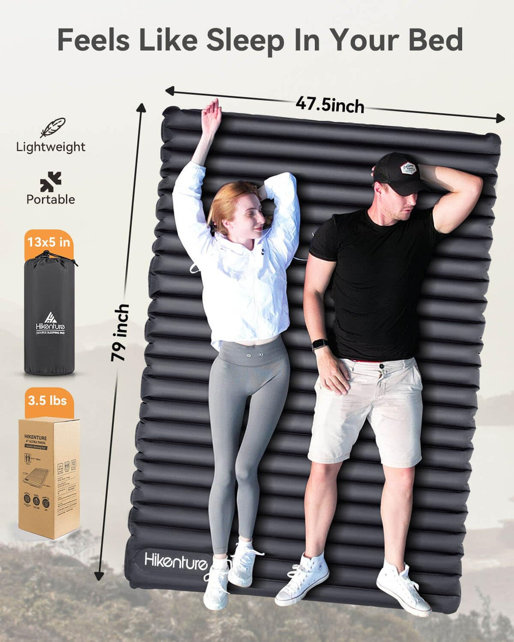 Hikenture Double Sleeping Pad For Camping, 4 Extra-Thick Camping Mattress 2 Person, Inflatable & Ultralight Sleeping Mat For Bac