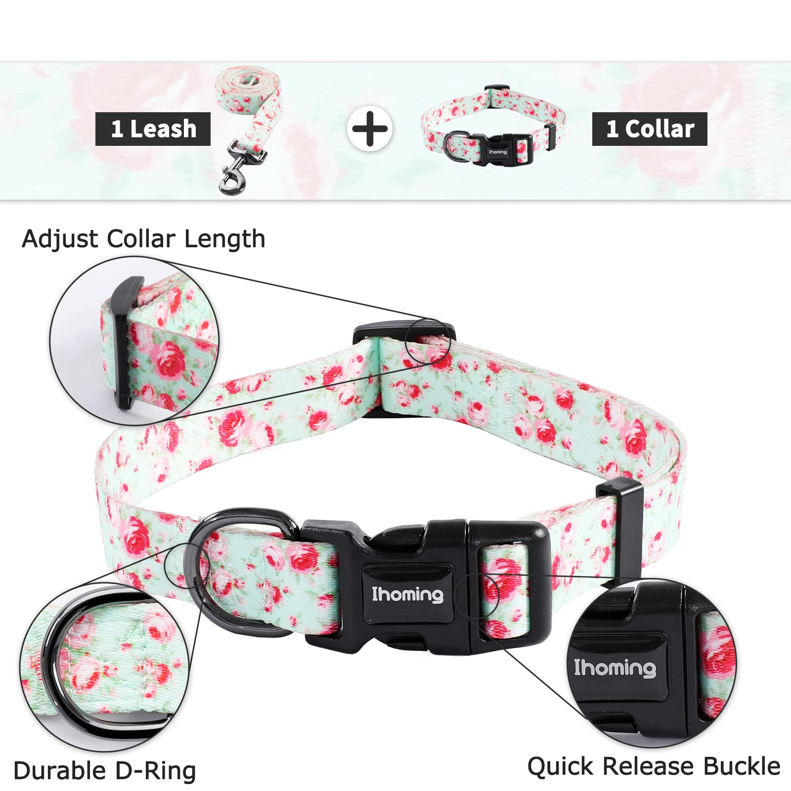 Ihoming Dog Collar And Leash Set For Daily Outdoor Walking Running Training, Floral Greenlake Design For Small Boys Girls Dogs C