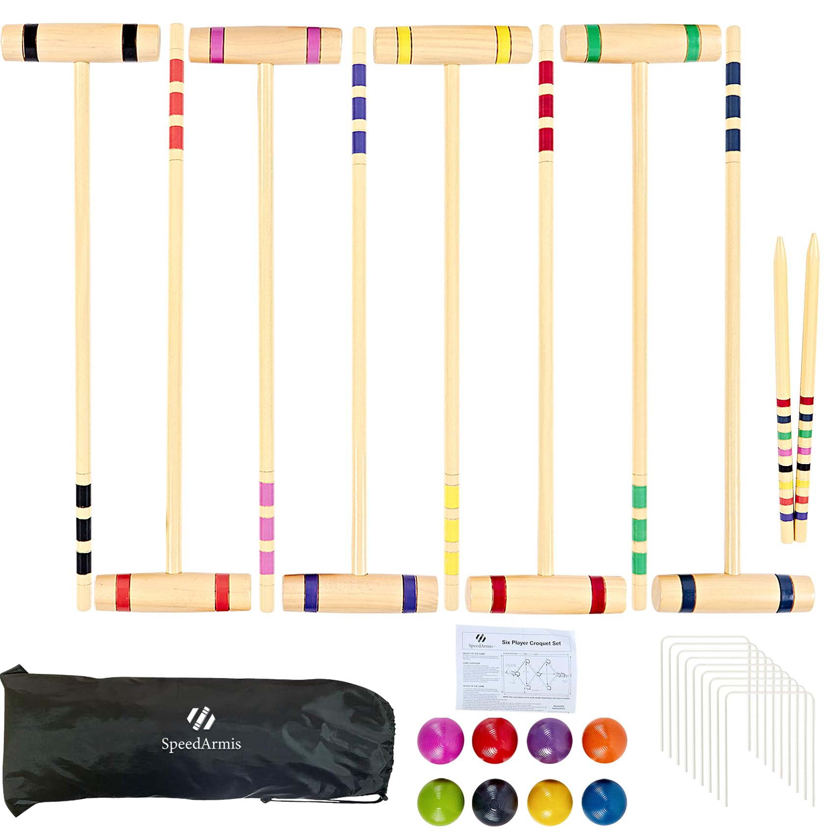 Speedarmis 8 Players Croquet Set - 28In Pine Wooden Mallets, Colored Pe Ball, Wickets, End Stakes, Lawn Backyard Outdoor Game Se