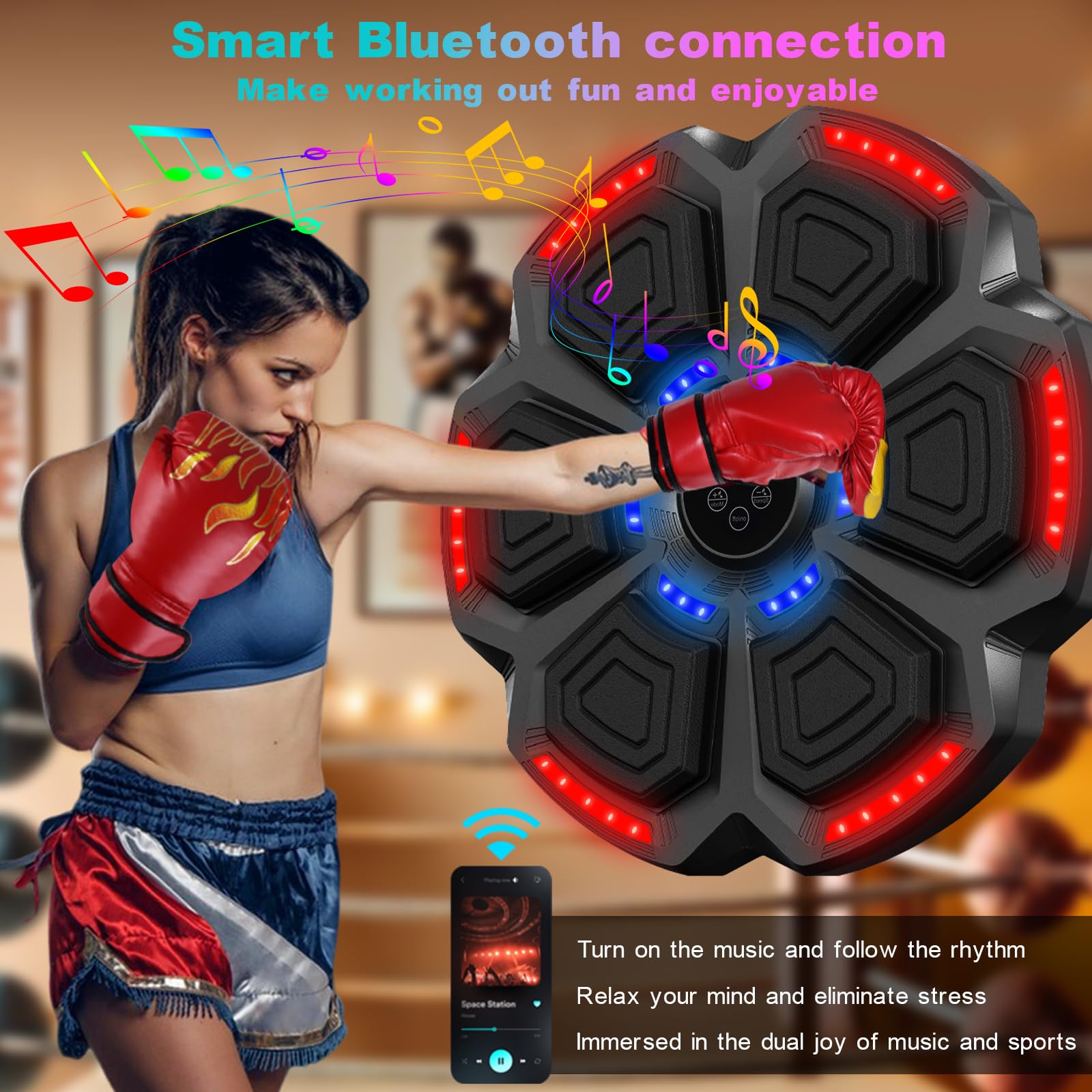 Baswip 2025 Music Boxing Machine For Adults/Kids W/ 2 Gloves - Smart Bluetooth Wall Mounted Punching Bag, 9 Modes & Speeds, Digi