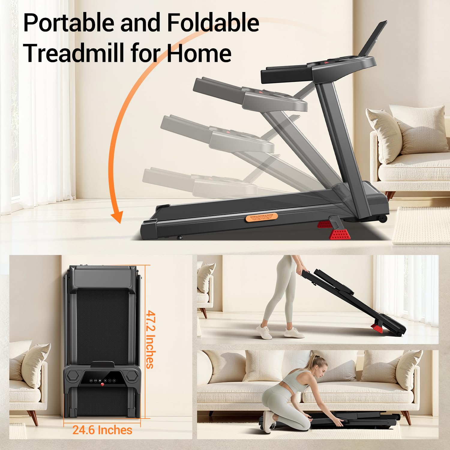 12% Incline Treadmill with Handle, 3-in-1 Portable Treadmills for Home and Office, Foldable Treadmills with 300 Lbs Weight Capac