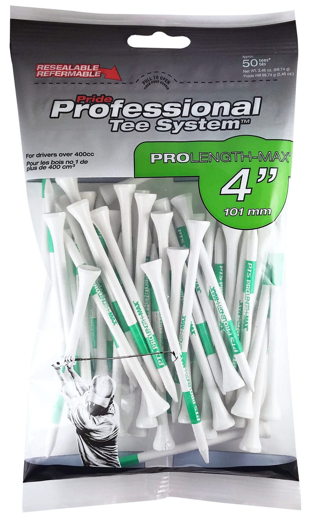 Pride Professional - Golf Pro Length Max - 4'', 50 Count, White/Green (2-Pack)