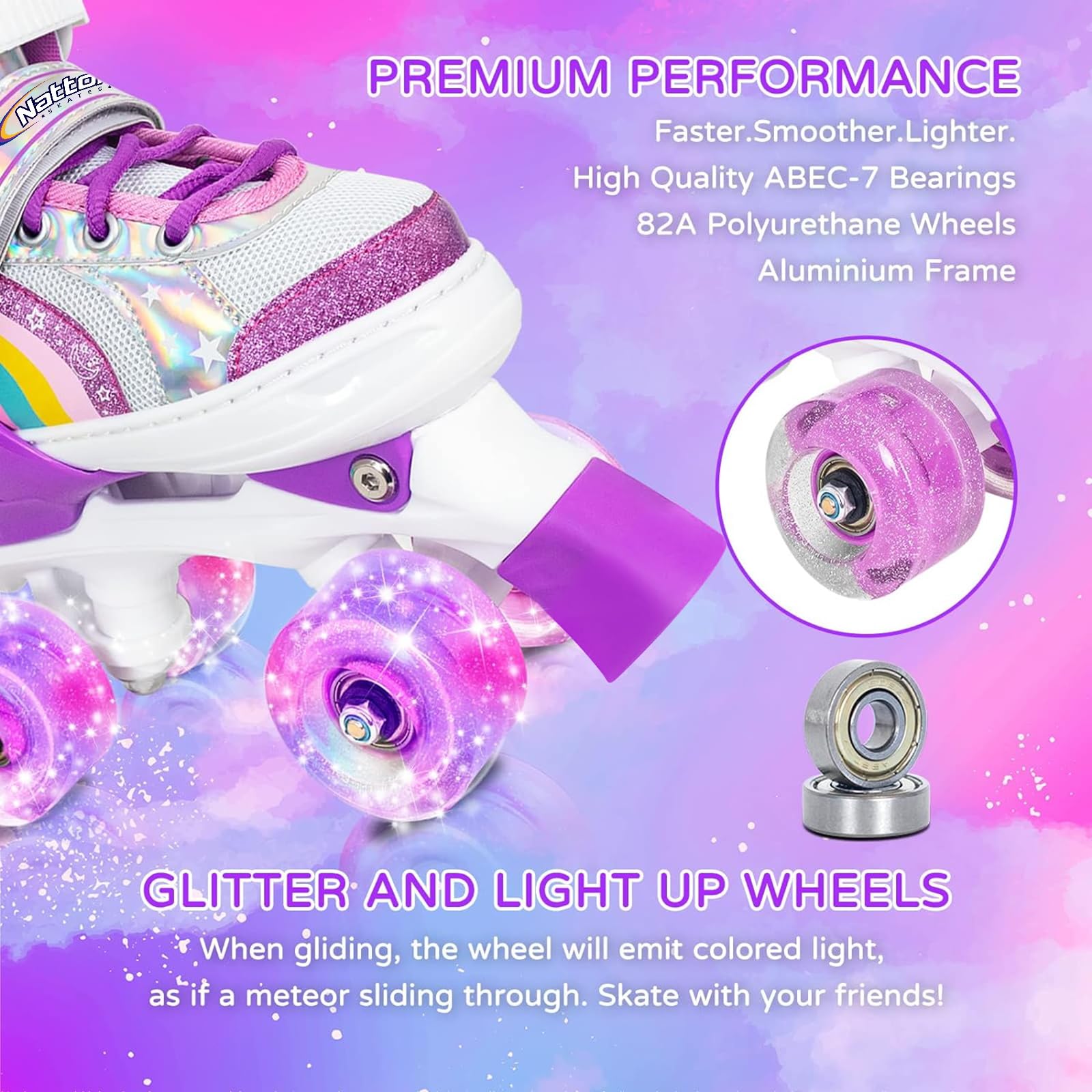 Girls Roller Skates For Big Kids Ages6-12 7 8 9 10, 4 Size Adjustable Rainbow Quad Skates With All Light Up Wheels - Best Birthd