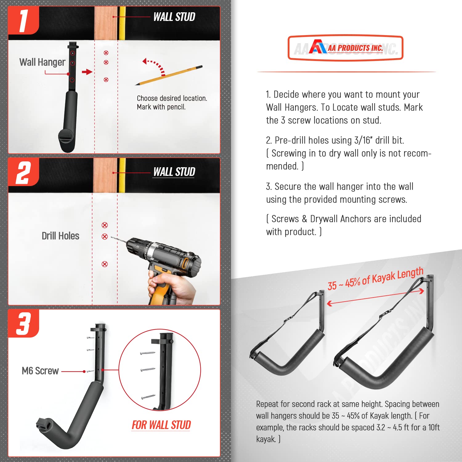 Aa Products Kayak Storage Wall Mount Racks For Canoe Kayak Paddle Boards Wall Hanging Hooks, Set Of 2