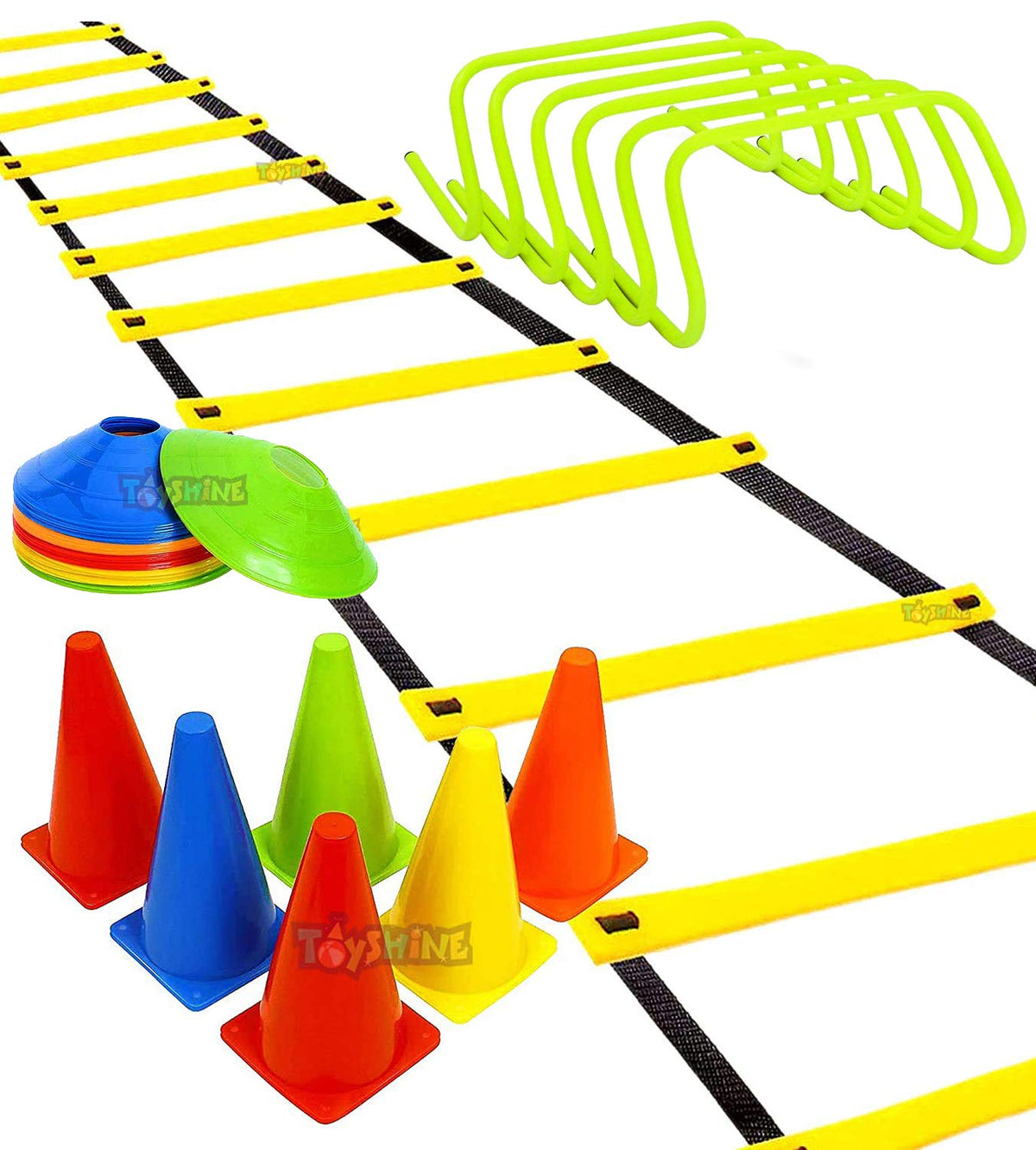 Toyshine Fitness Combo  6 pc Hurdles (6 inch), 6 pc 6 Inches Stacking Cones, 10 Pc Space Markers and 1 Pc Agility Ladder (4 M)