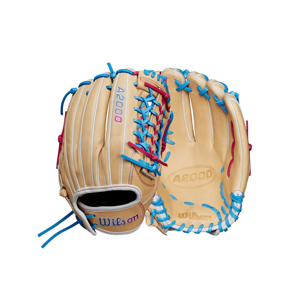 Wilson Winter 2024 A2000 T125 12.5'' Outfield Fastpitch Glove - Blonde/Blue/Flamingo, Left Hand Throw