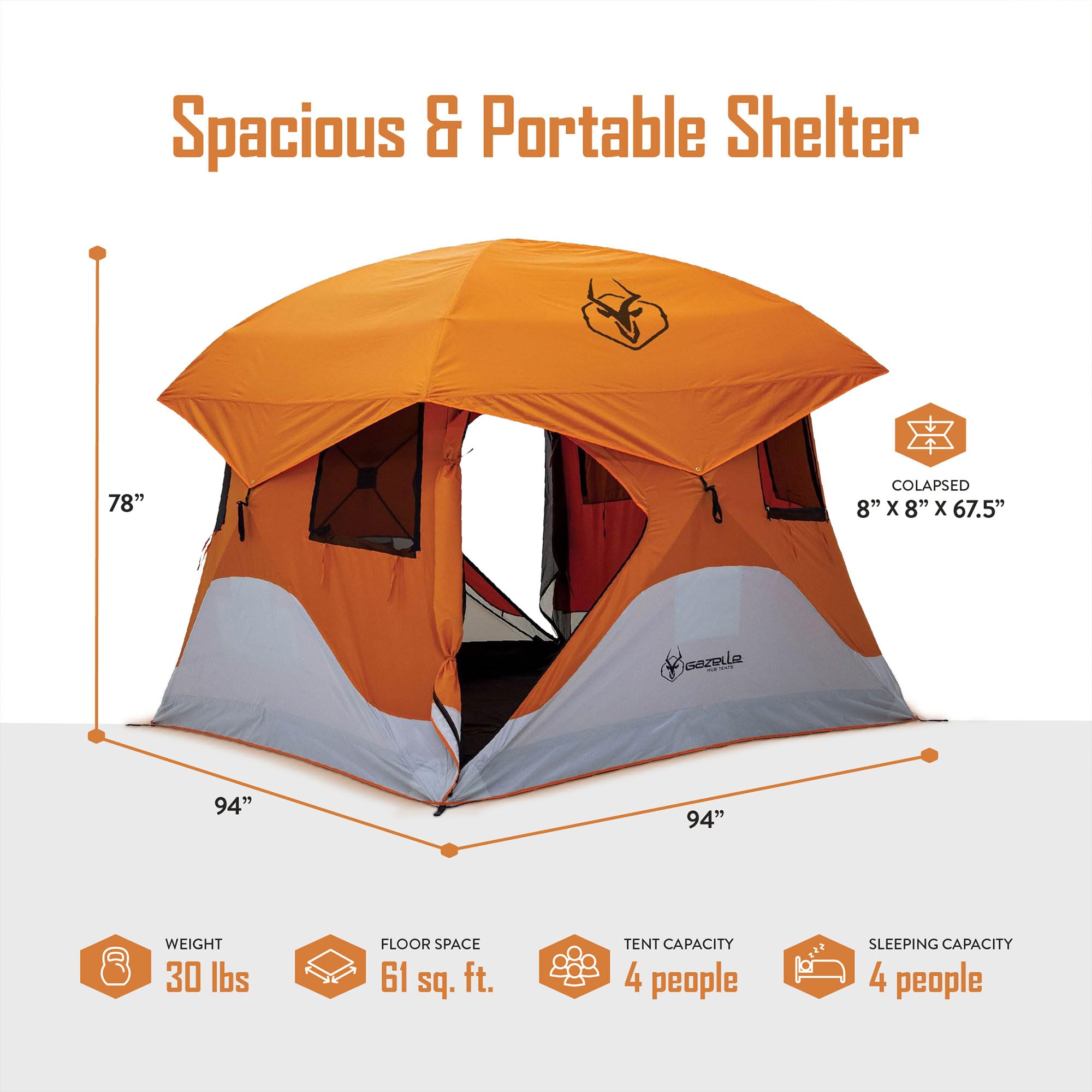 Gazelle T4 Waterproof 4 Person Portable Polyester Outdoor Pop Up Camping Or Beach Tent With Removable Floor, Mesh Screens, And R