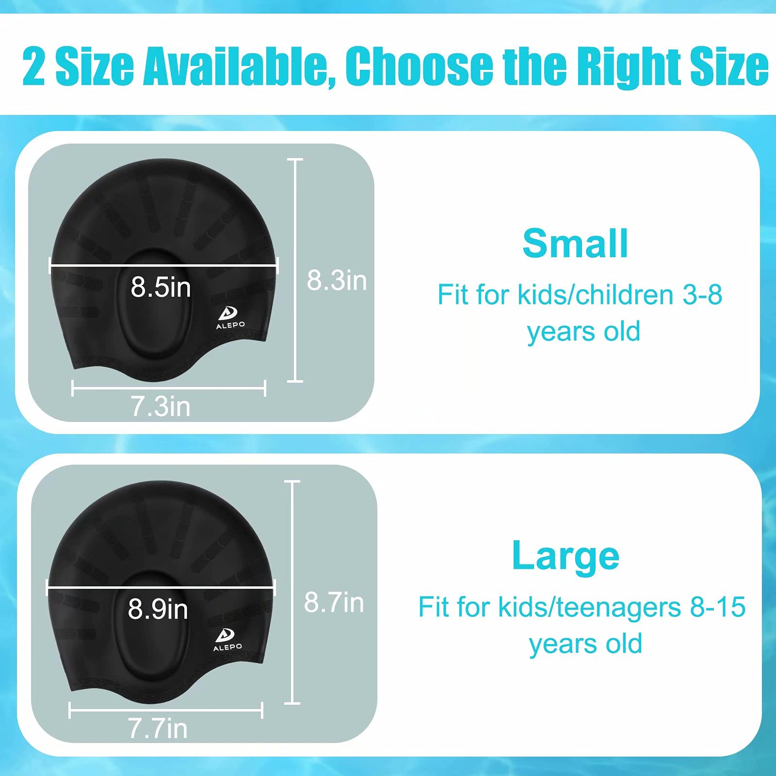 2 Pack Kids Swim Caps For Boys Girls, Durable Silicone Swimming Cap With 3D Ear Pockets For Age 3-15 Toddler Child Youth Teen, U