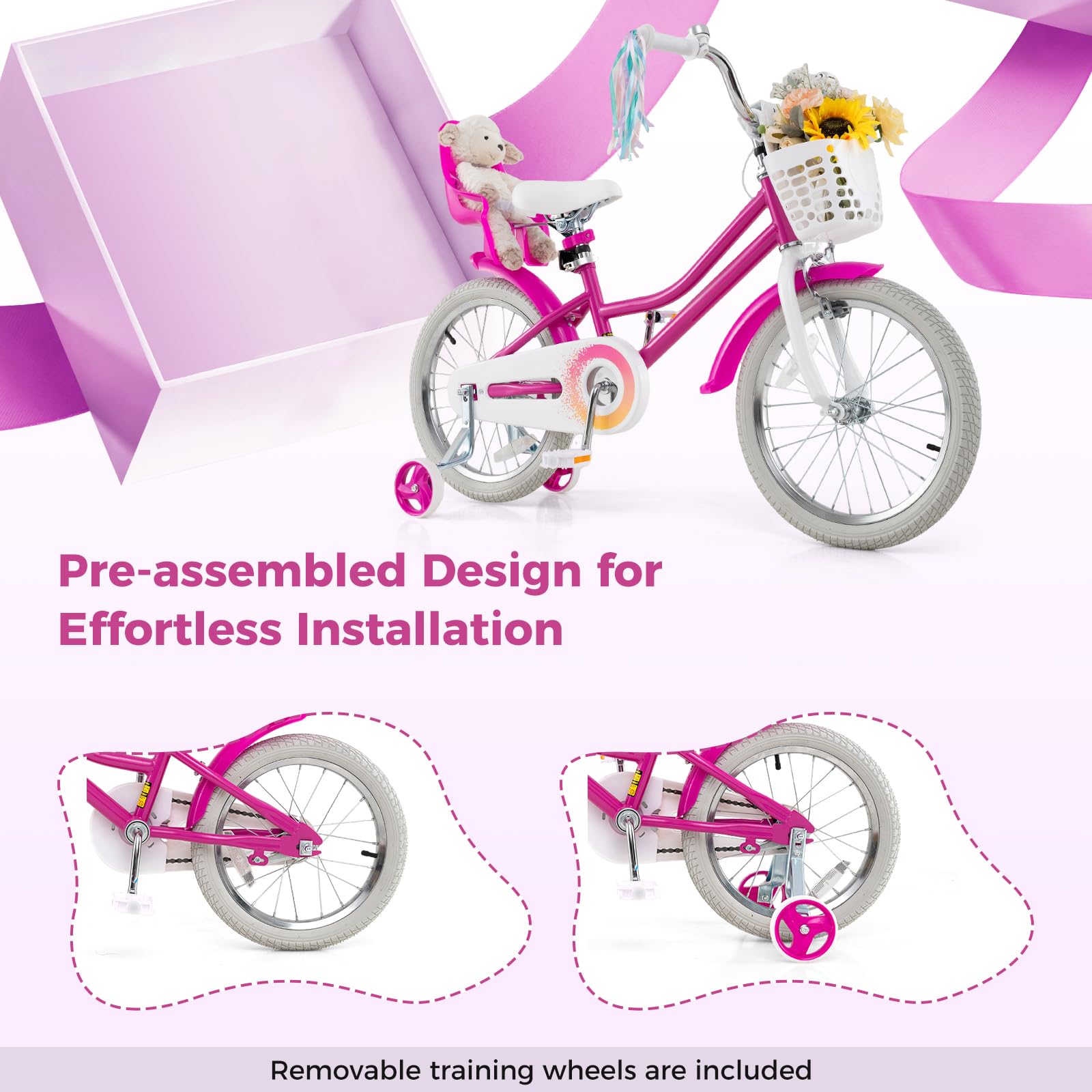Baby Joy Girls Bike, 18 Inches Kids Bicycle W/Basket, Doll Seat, Colorful Streamers, Training Wheels, Reflectors, Handbrake & Co