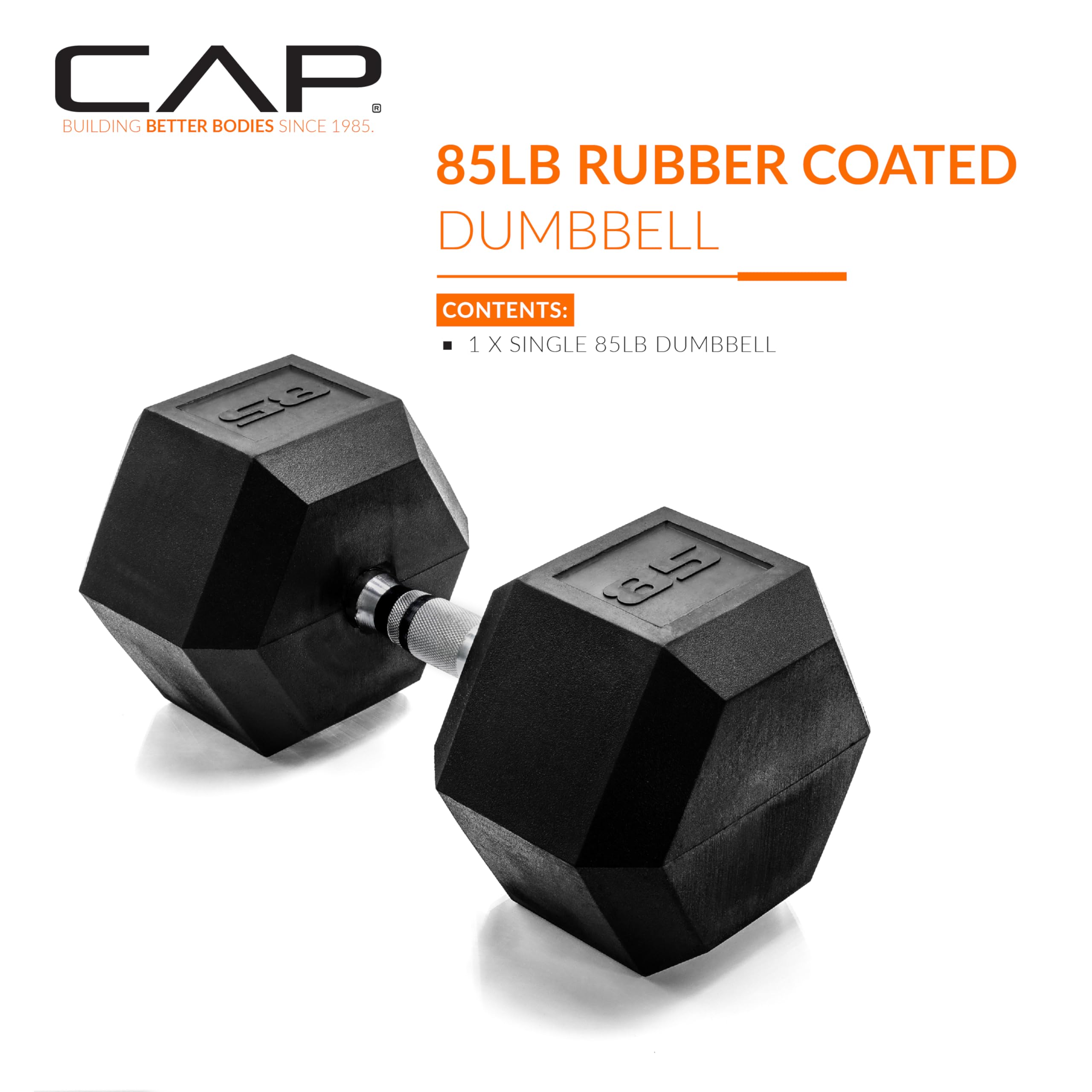 CAP Barbell 85 LB Rubber Coated Hex Dumbbell Hand Weight - Single | Chrome Handle