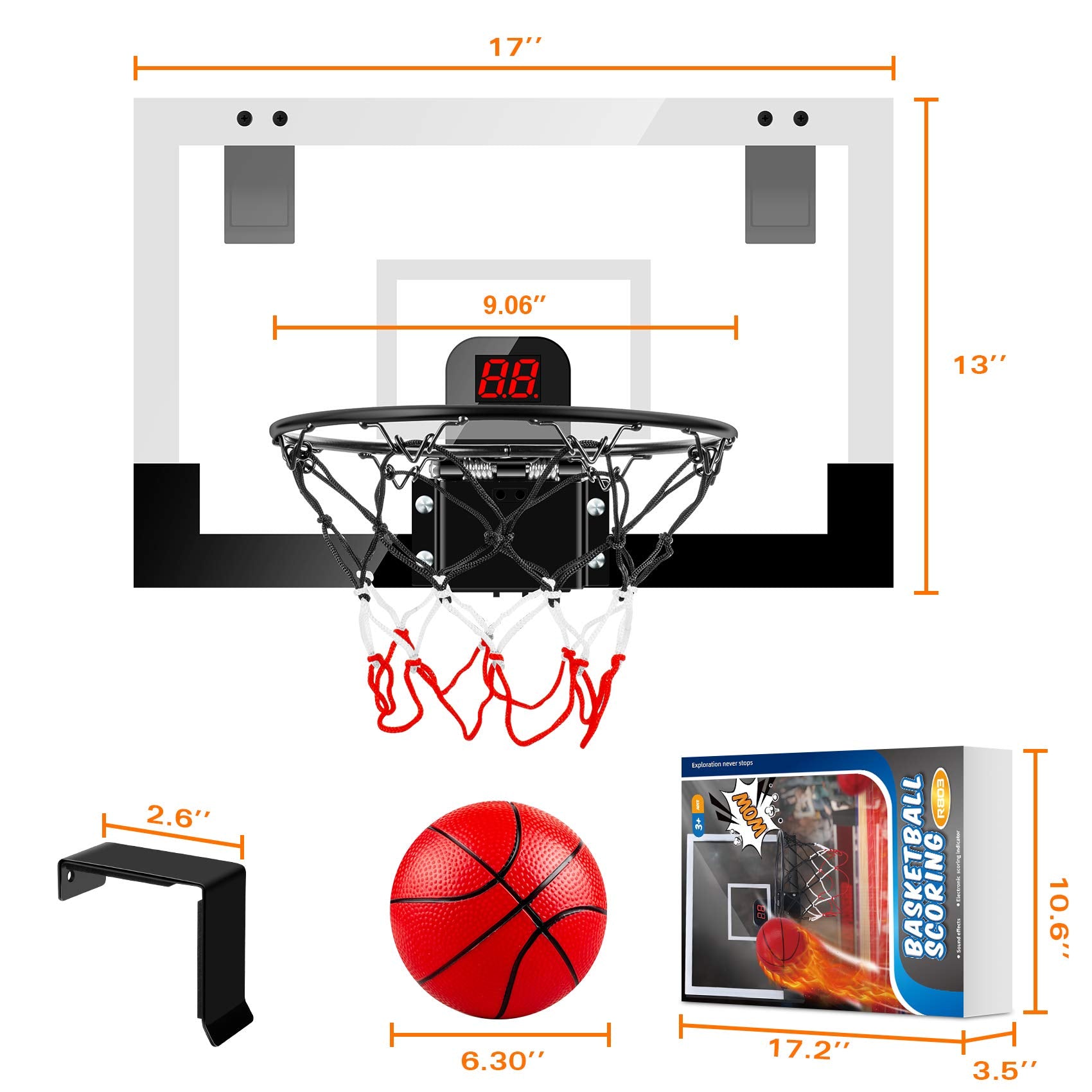 Treywell Indoor Basketball Hoop Fan Backboards For Teens And Adults Door Room Mini Hoop With Electronic Scoreboard, 3 Balls And