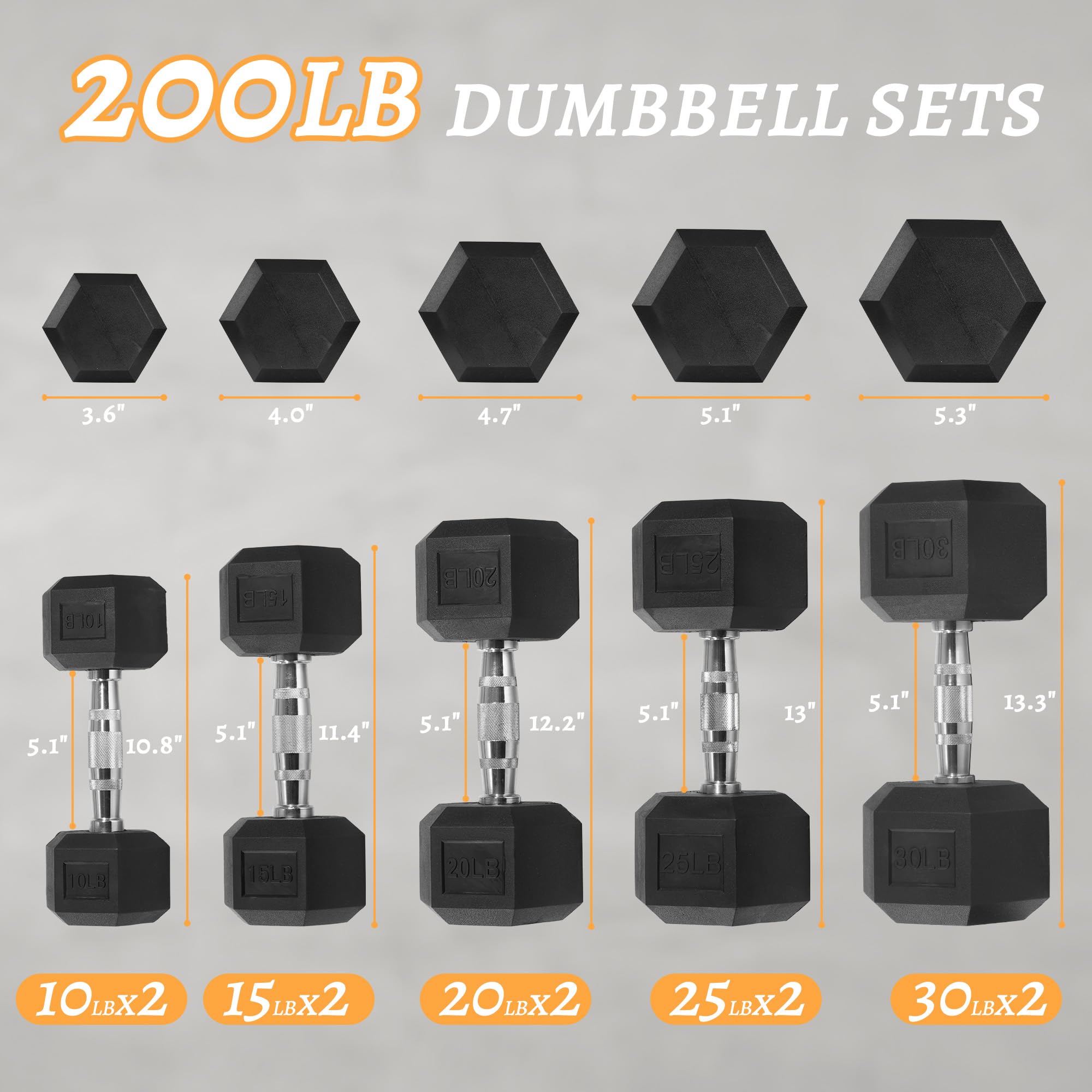 BalanceFrom Dumbbell Set with Rack, Rubber Coated Hex Dumbbell Weights in 200 lbs, 5, 10, 15, 20, 25, 30lbs Pair, Black