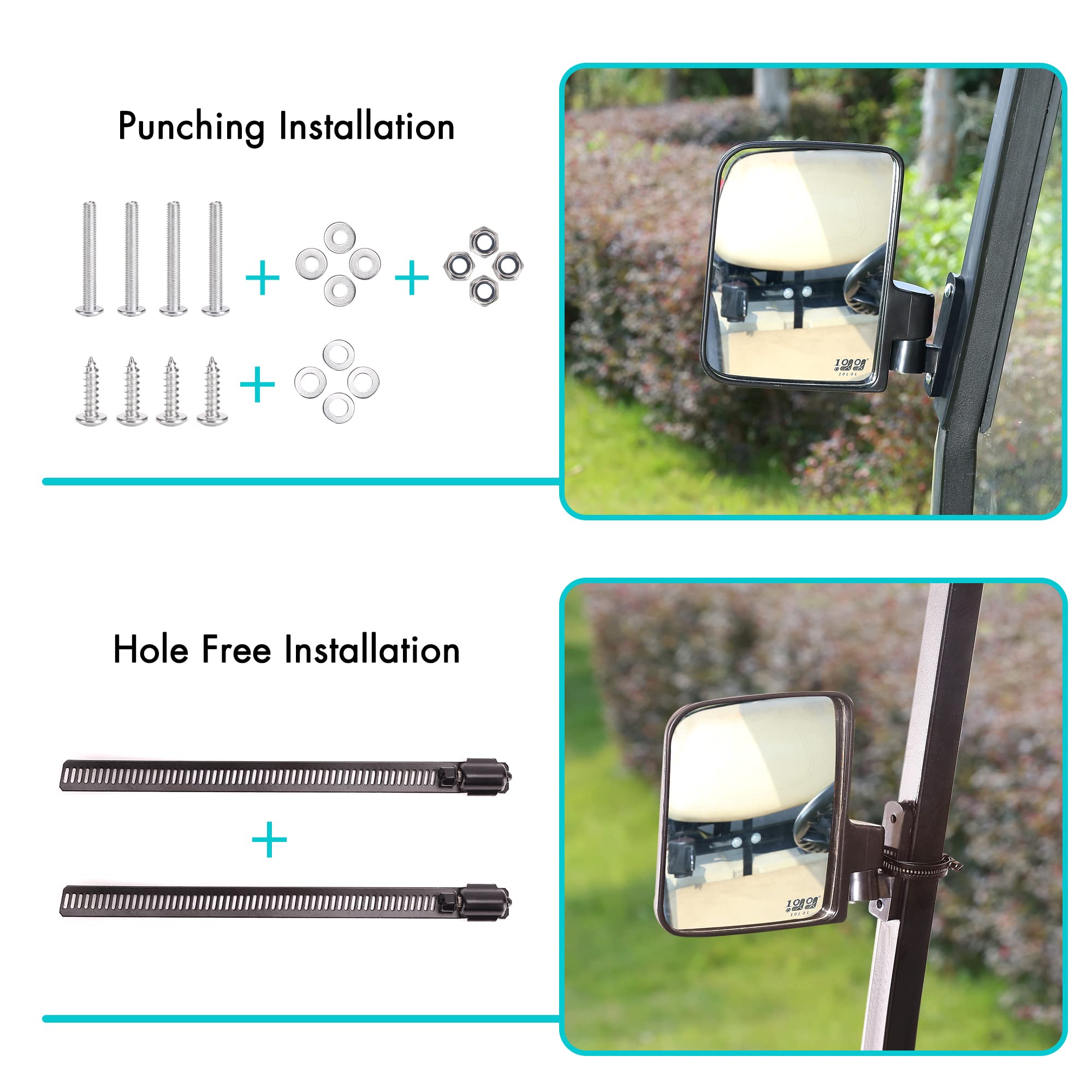 10L0L Golf Cart Side Mirrors Compatible With Yamaha Club Car Ez-Go And Others Round Or Square Tube Golf Cart Roof Bracket, No-Dr