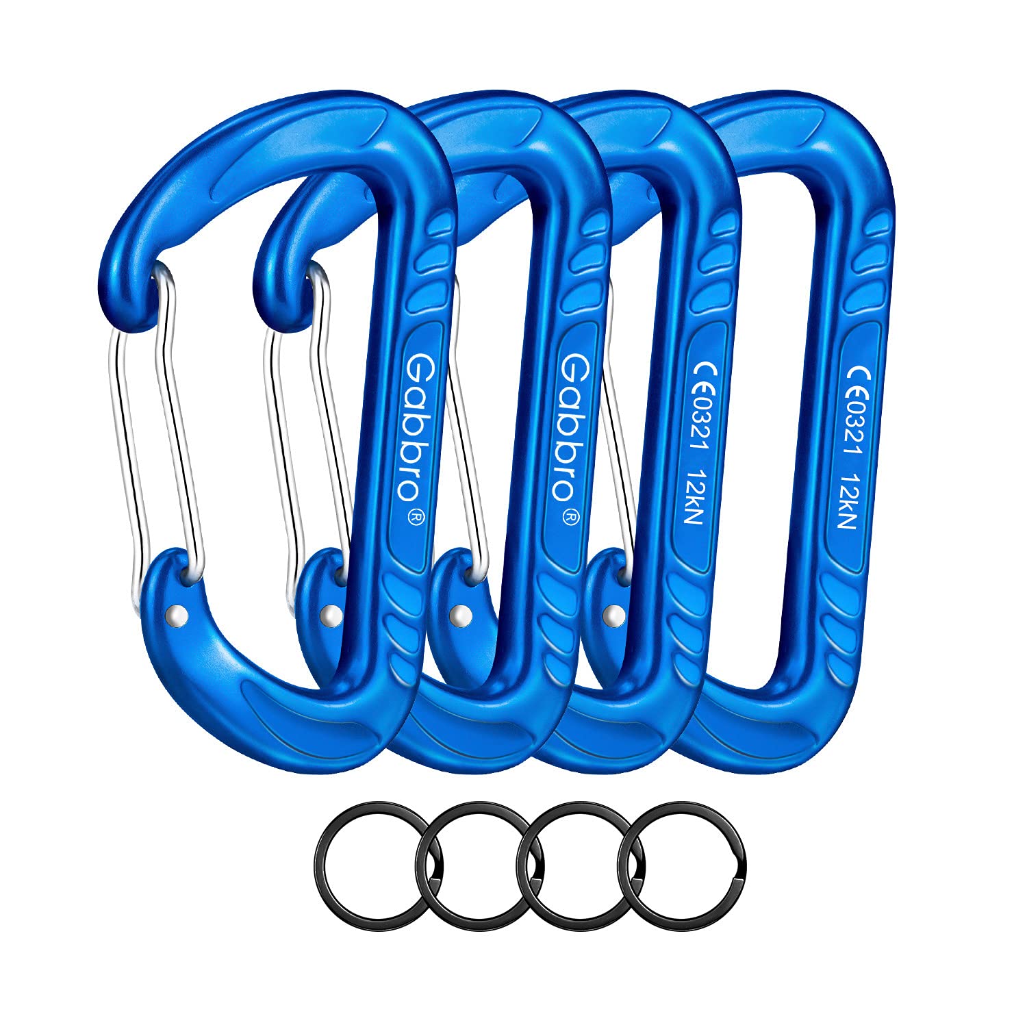 Gabbro Carabiner Clip Heavy Duty 2697Lbs, 4 Pcs 3'' Large Lightweight Aluminum Caribeaners With Keychain Hook Ring - Blue