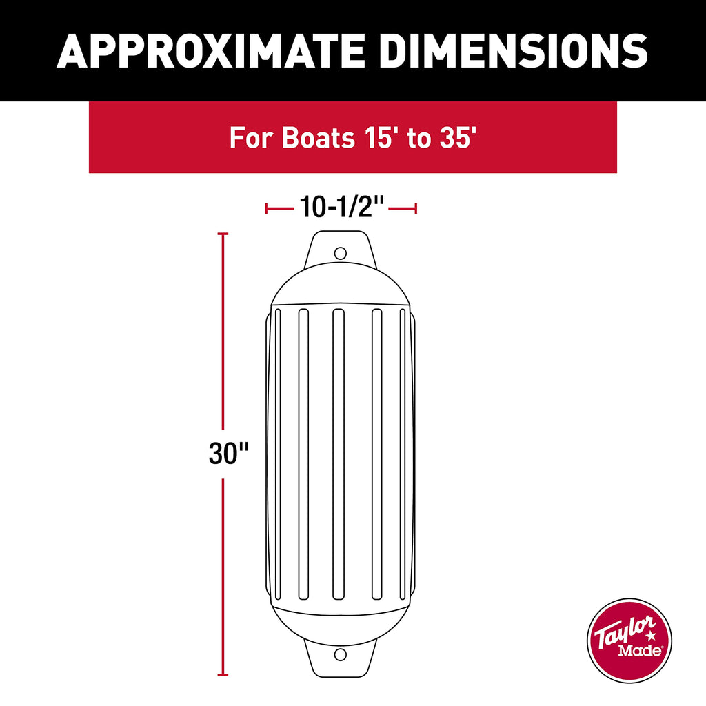 Taylor Made Super Gard Boat Fender, White (10.5'' X 30'') Double-Molded Ends, Ribbed Technology To Minimize Roll, Rubber Footbal