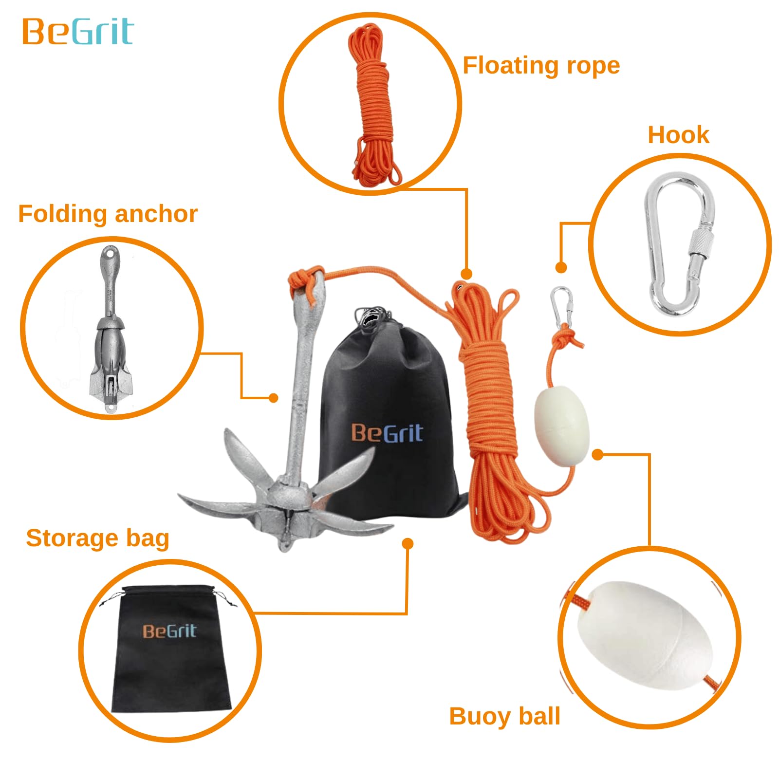 Begrit Kayak Anchor 3.5Lb Folding Marine Anchor Small Boat Anchor For Fishing,Kayak,Paddle Board,Canoe,Jet Ski, With 32.8 Ft Anc