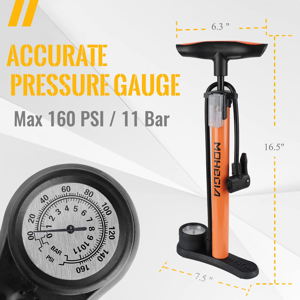 Mohegia Bike Floor Pump With Gauge,Air Bicycle Pump Inflator With High Pressure 160 Psi,Fits Schrader And Presta Valve/Orange
