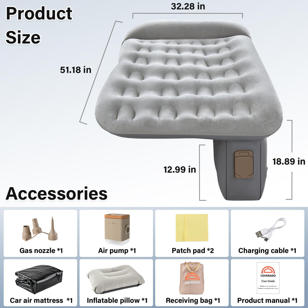 Coverado Car Air Mattress Back Seat, Portable Wireless Inflatable Bed with Built in Air Pump&Pllow, Storage Bag, Patch Kit, Univ