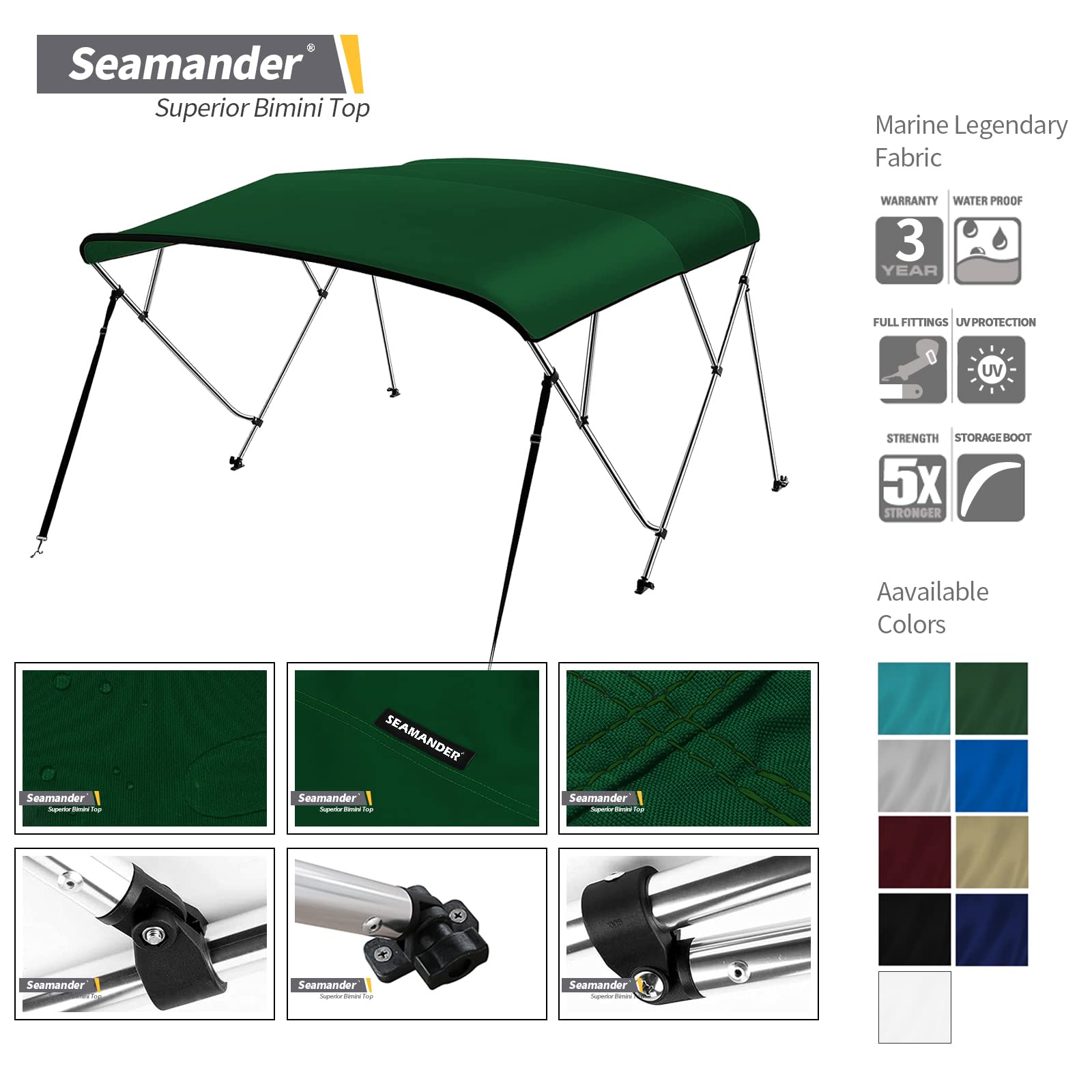 Seamander 4 Bow Marine Grade Polyester Boat Bimini Top, 600D Solution-Dyed Canvas, 4 Adjustable Nylon Straps, 2 Rear Support Pol